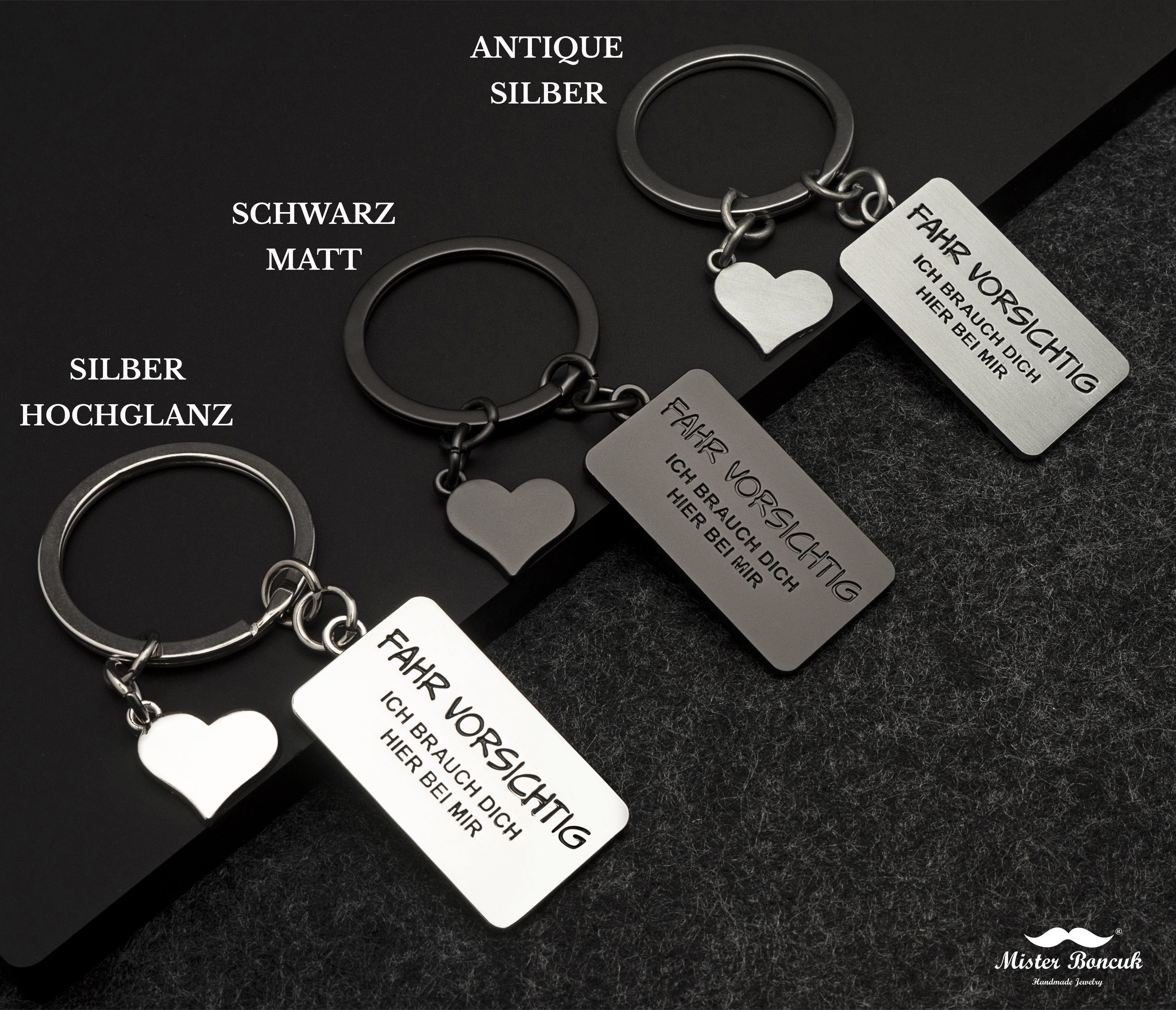 Mister Boncuk Handmade Jewelry Schlüsselanhänger Fahr Vorsichtig mit Herz Anhänger für den Schlüsselbund (Glücksbringer Anhänger mit Gravur), Metall, Gravur