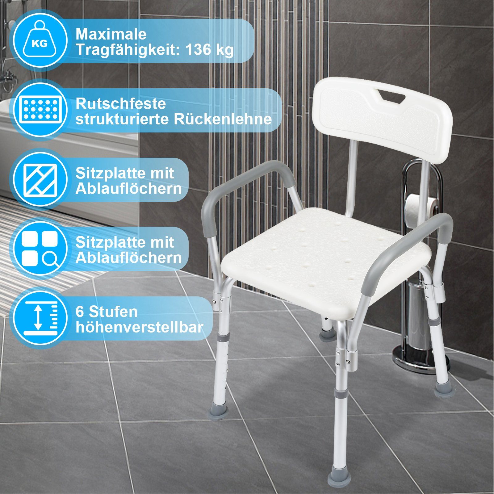 Clanmacy Dusch- und Badhocker Duschhocker Badhocker Höhenverstellbarer 6 Einstellbar Alu Badsitz