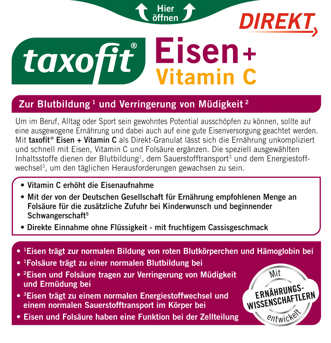 Eisen + Folsäure + Vitamin C direkt Granulat (20 Stück), 22 g