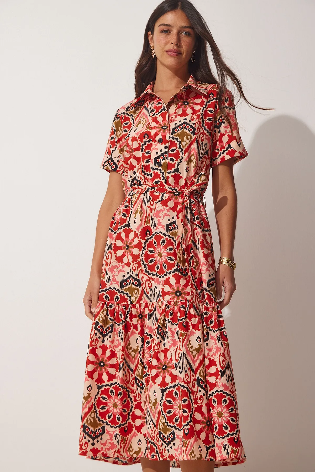 Happiness İstanbul  Ziegelbeige gemustertes Sommer-Hemdblusenkleid aus Baumwolle für Damen MX00100