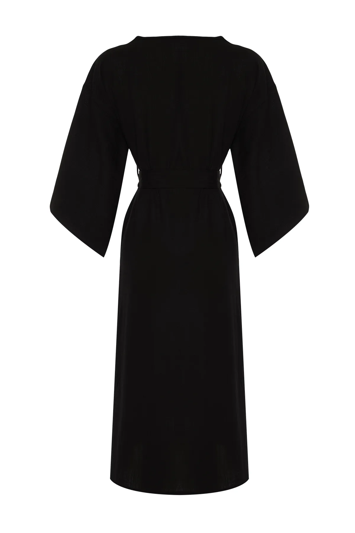 Trendyol Collection  Schwarzer Maxi-Kimono und Kaftan in gewebter Leinenoptik mit Gürtel TBESS23KM00058