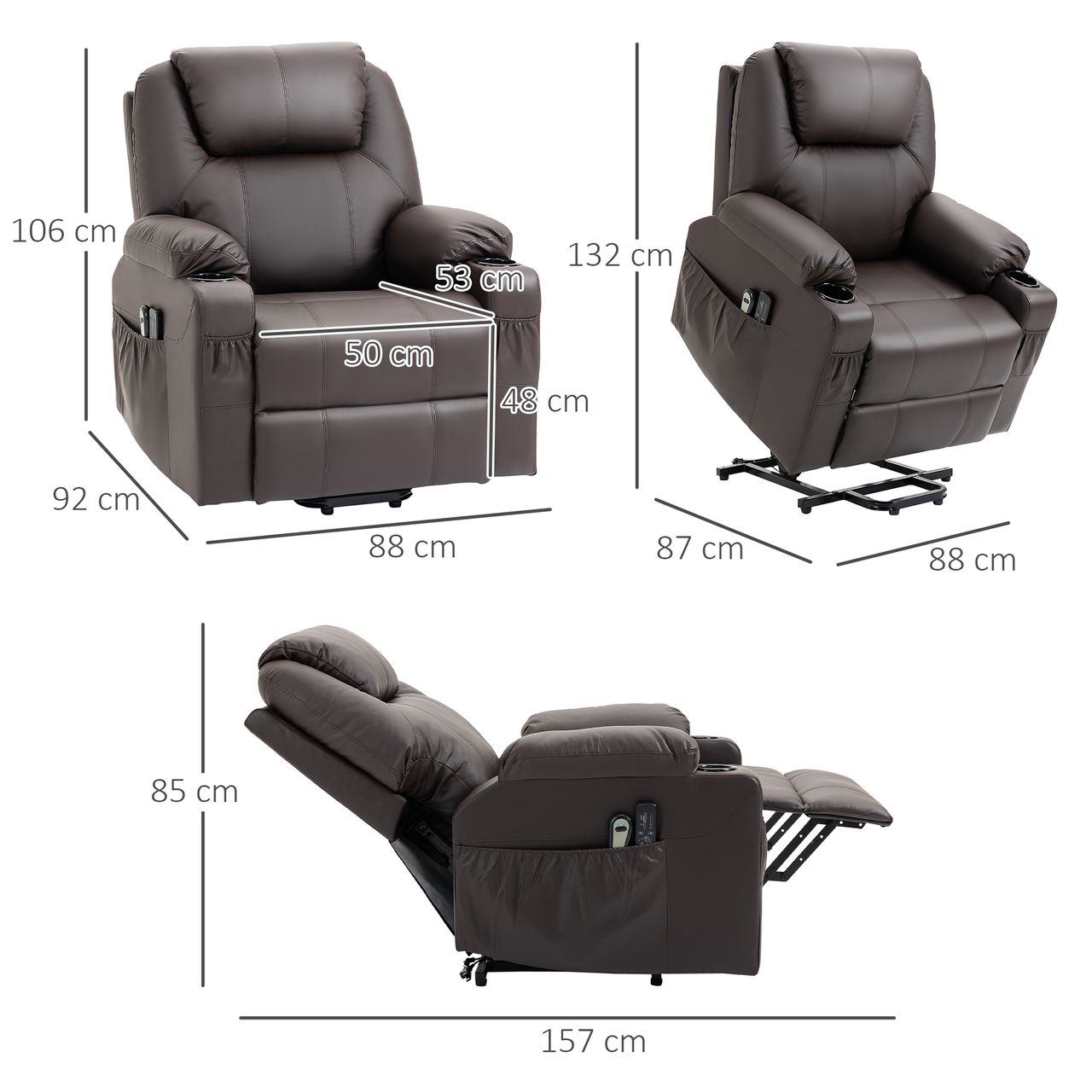 HOMCOM Fernsehsessel mit Aufstehhilfe Relaxsessel mit Massagefunktion Braun