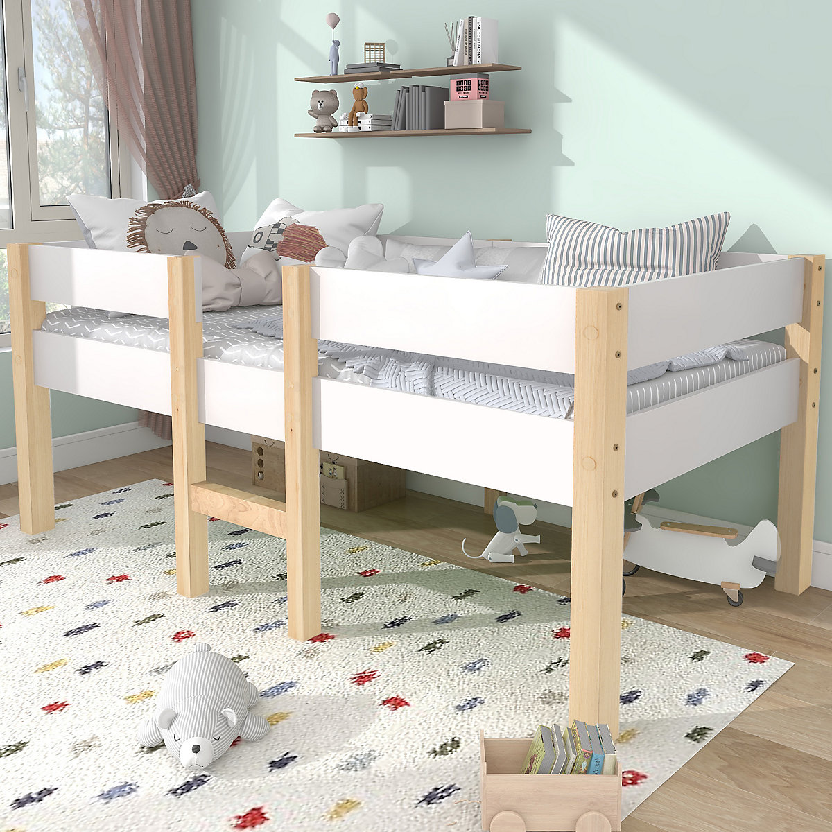 Etagenbett mit Rausfallschutz, Kinderbett aus massivholz, Einzelbett 90x190cm