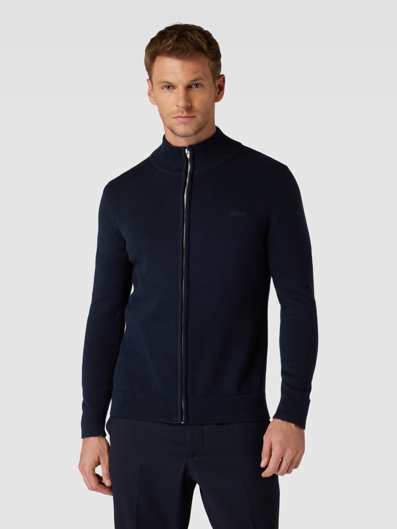 Strickjacke mit Label-Stitching Modell 'STAND JACKET' in marineblau