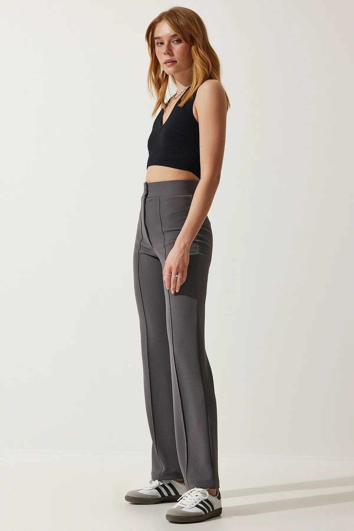 Happiness İstanbul  Bequeme Strickhose aus geräuchertem Lycra mit hoher Taille für Damen RV00090