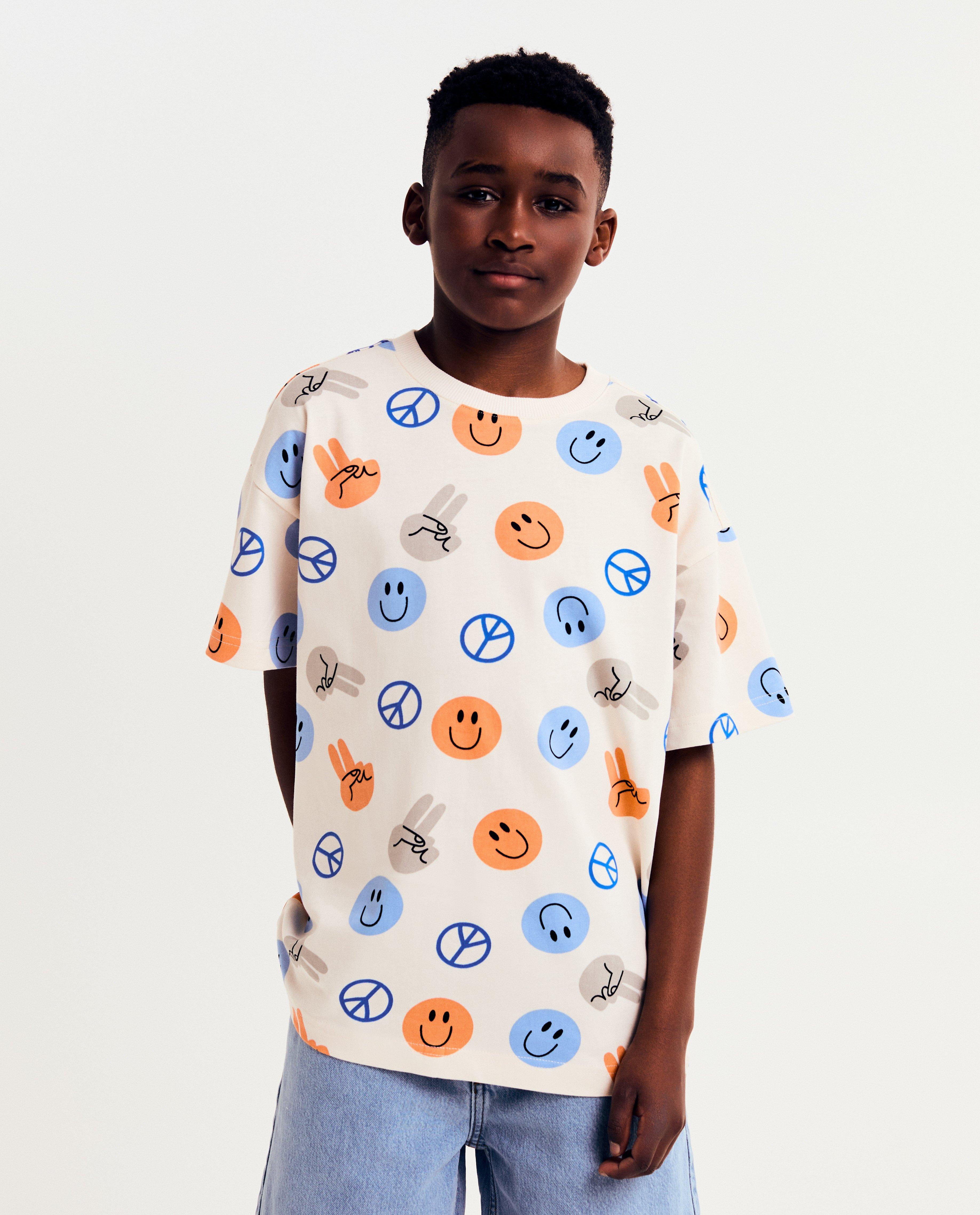 Tricou Milo cu imprimeu zâmbitor, croială lejeră, 6-14 ani, alb