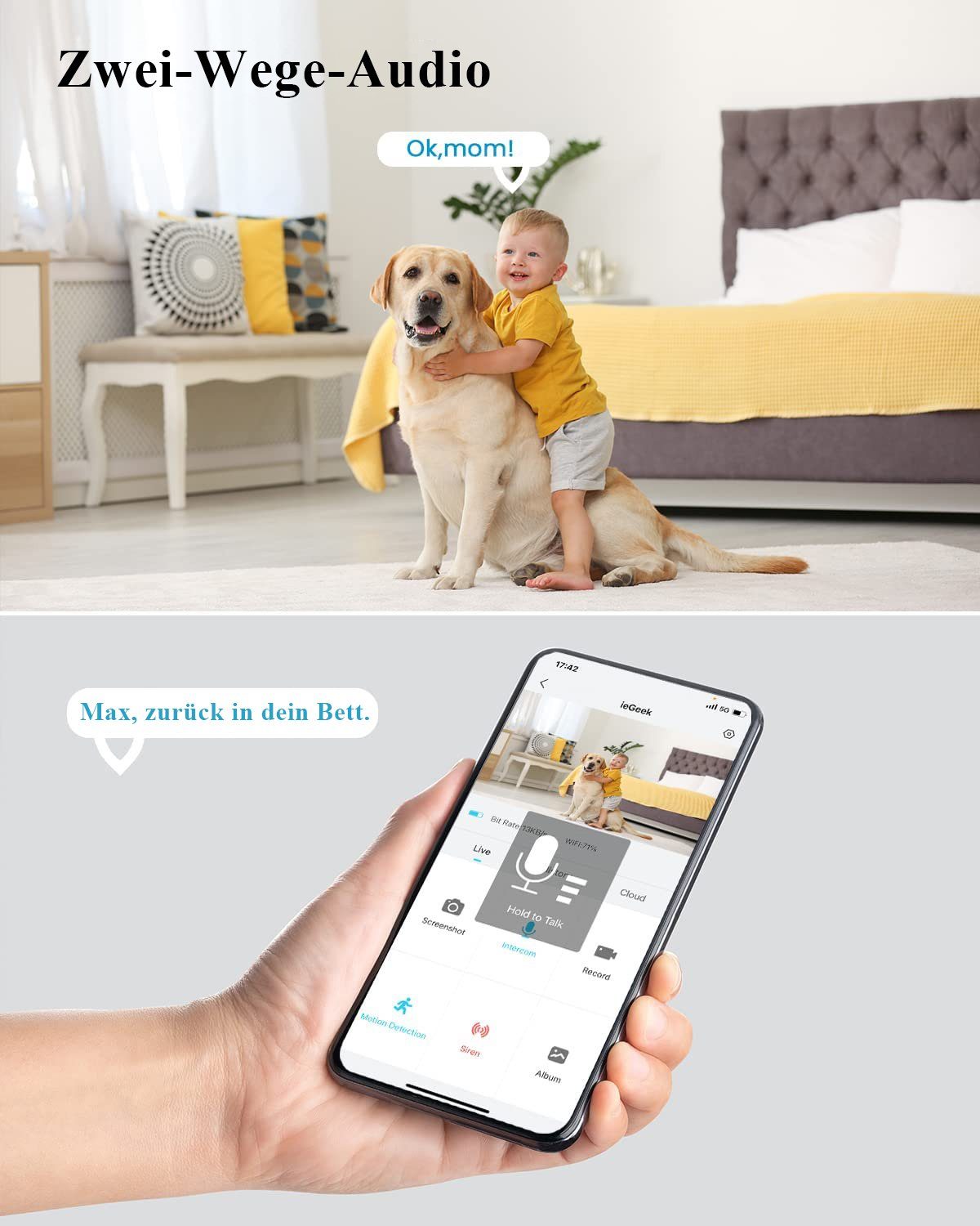 ieGeek Akku Innenkamera WIFI WLAN Überwachungskameras 1080P für Baby/Tier Überwachungskamera (Innenbereich, Humanoid-Erkennung,Alarmbenachrichtigung,Alexa,Überwachungsbereich,Mehrfachansicht,Geschichte,Alarmfrist,Alarm ausgelöst,Warnmeldung,Bild teil
