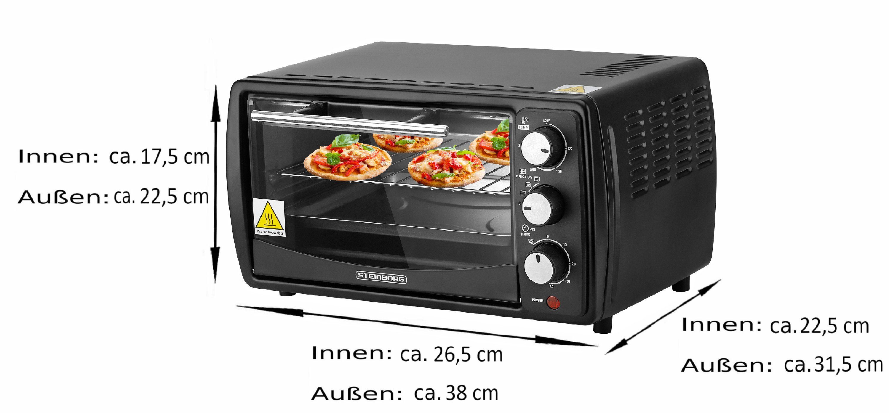 STEINBORG Minibackofen SB-3005s, 13 Liter, Großes Sichtfenster, Hitzebeständiges Gehäuse, 1200 Watt