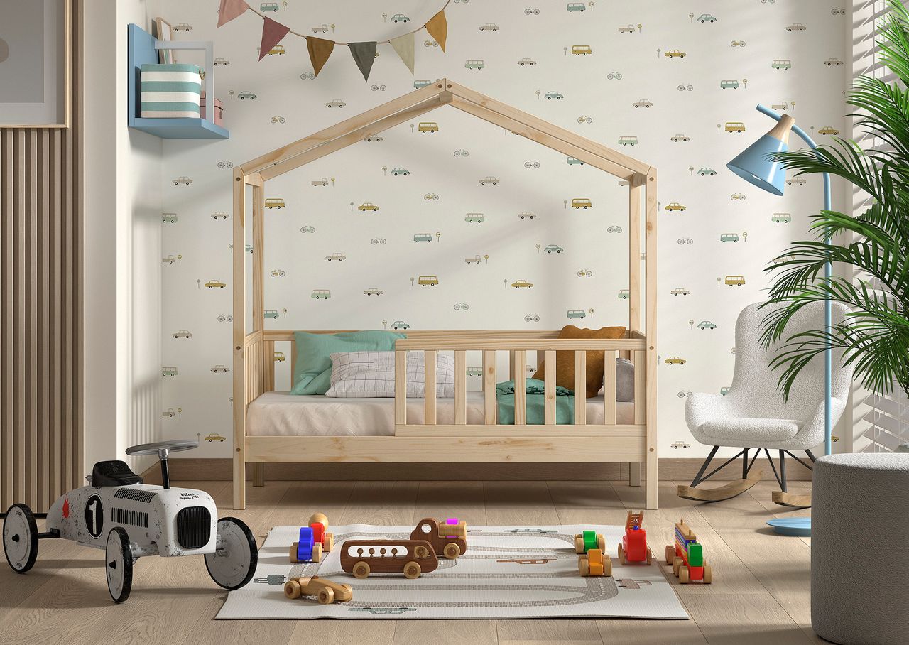 VIPACK Vipack - Junior Hausbett mit seitlicher Umrandung 70x140cm, m. Rolllattenrost Kiefer massiv Natur