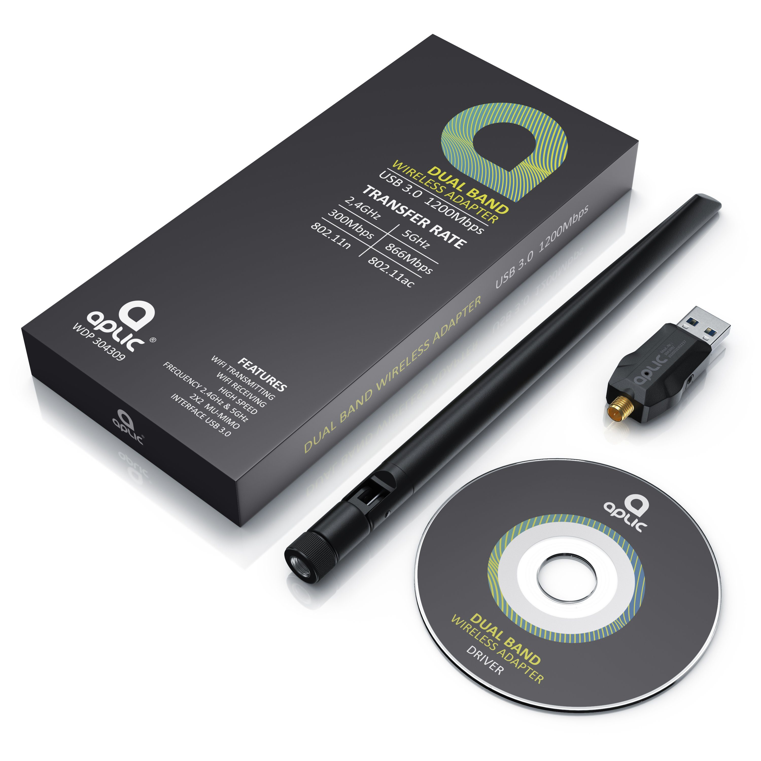 Aplic WLAN-Stick, WIFI Adapter 1200MBit/s, 2,4Ghz + 5Ghz Dual Band, externe Antenne