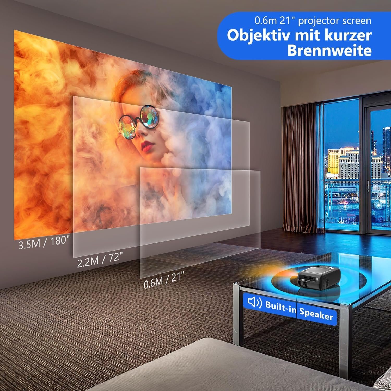 HORLAT Portabler Projektor (9000 lm, 720P px, Full HD 720P Projektor mit ±15° Trapezkorrektur, Heimkino Projektor)