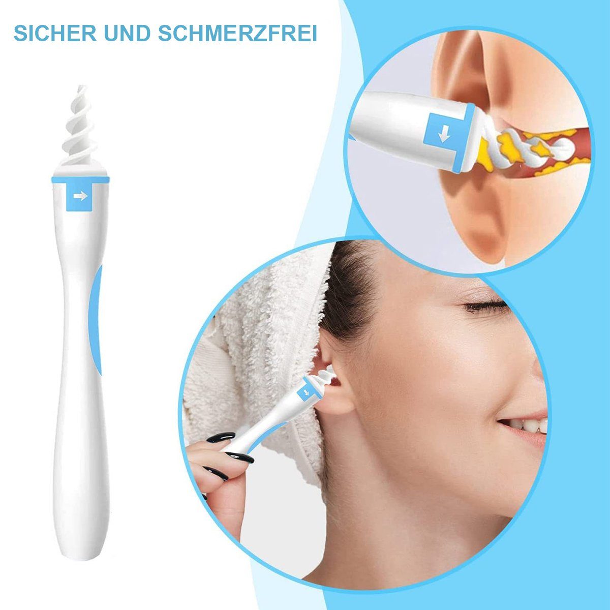 flowgoer Ohrenreiniger Ohrenschmalz Entferner, sicher und sanft, 360 Grad Spiral-Silikon, Ohrenreinigungsset, 16 waschbare Ersatzköpfe,für Kinder und Erwachsene