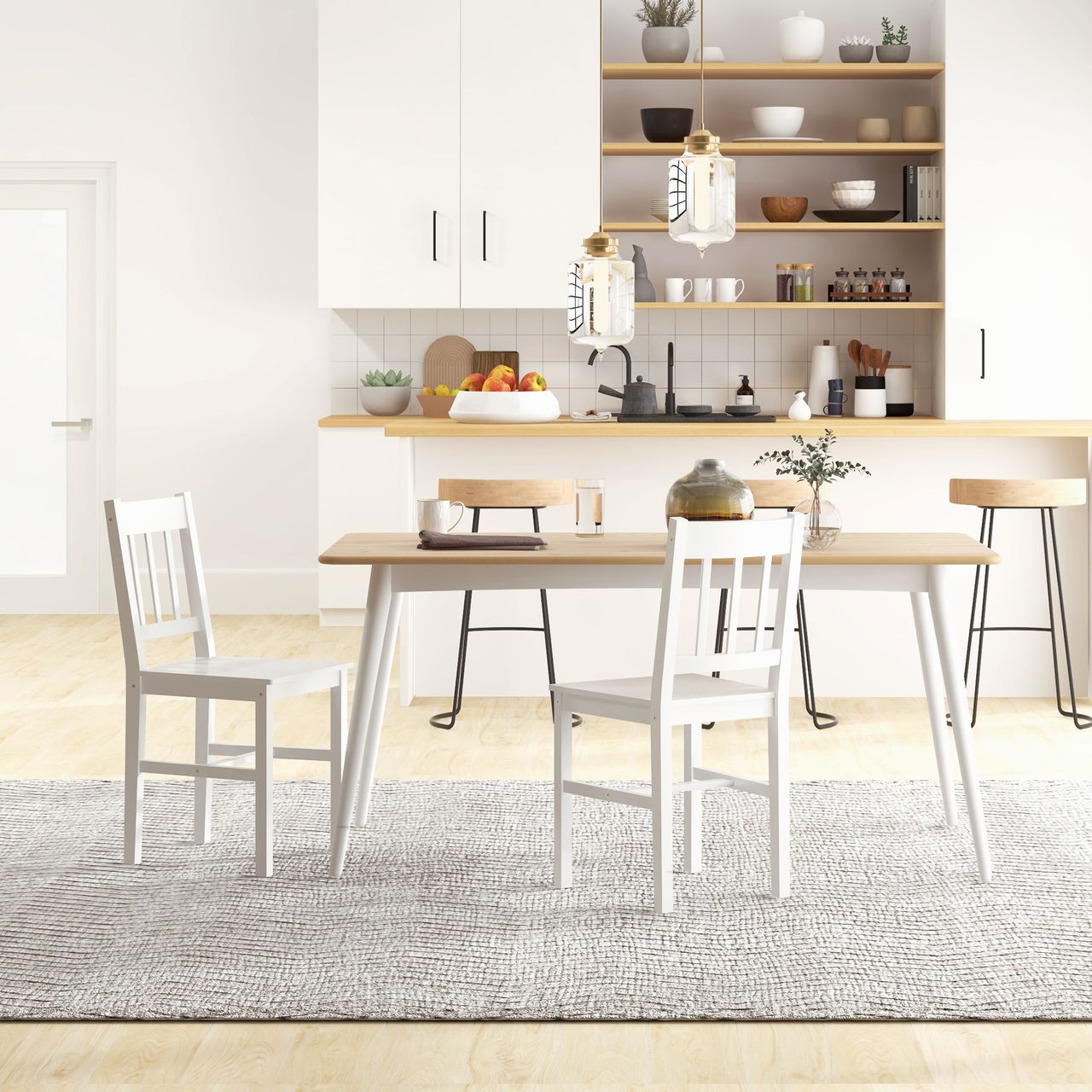 HOMCOM Esszimmerstuhl 2er Set Küchenstuhl, Essstuhl mit Rückenlehne, Kiefernholz