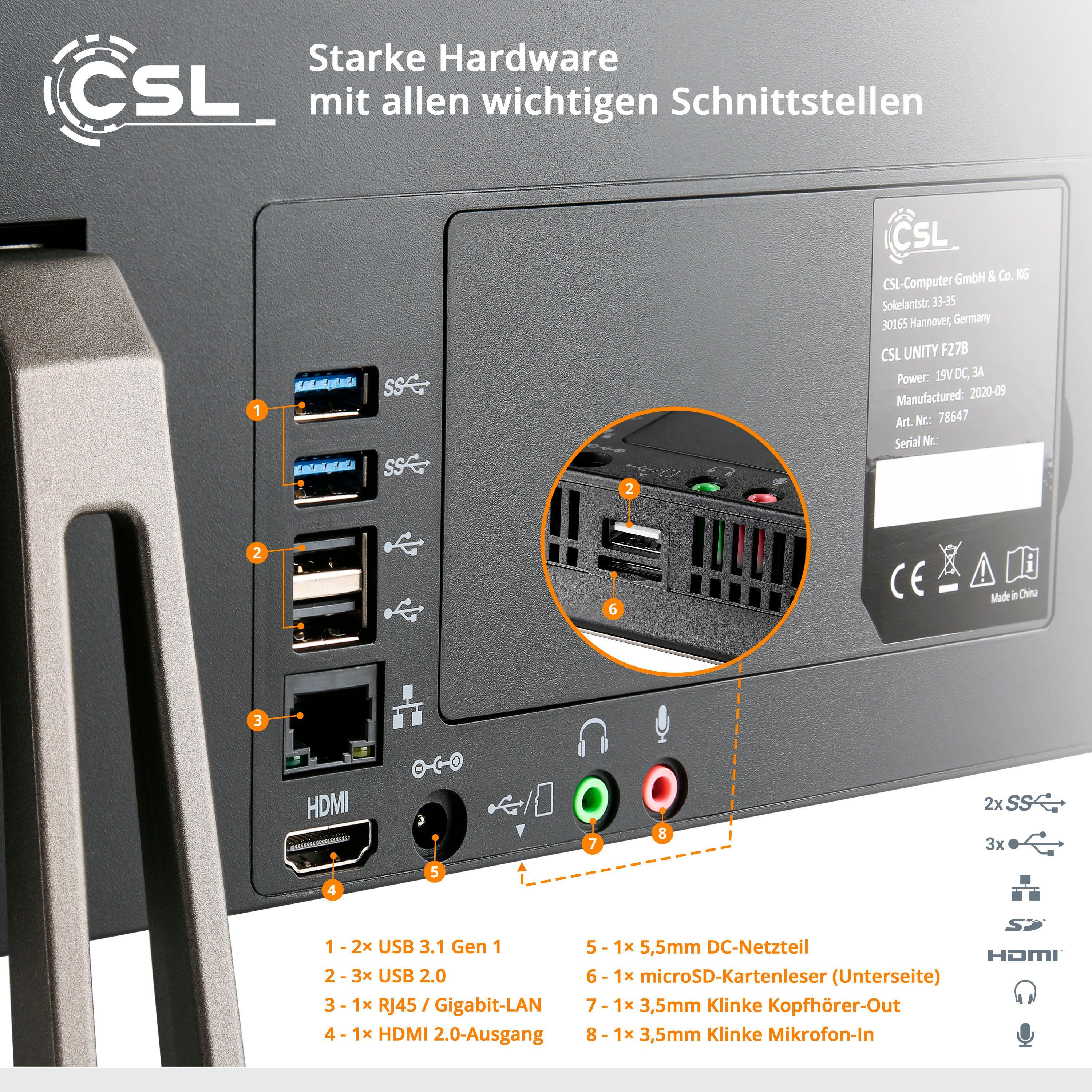 CSL Unity F27-GLS mit Windows 10 Pro All-in-One PC (27 Zoll, Intel® Celeron Celeron® N4120, UHD Graphics 600, 8 GB RAM, 256 GB SSD)