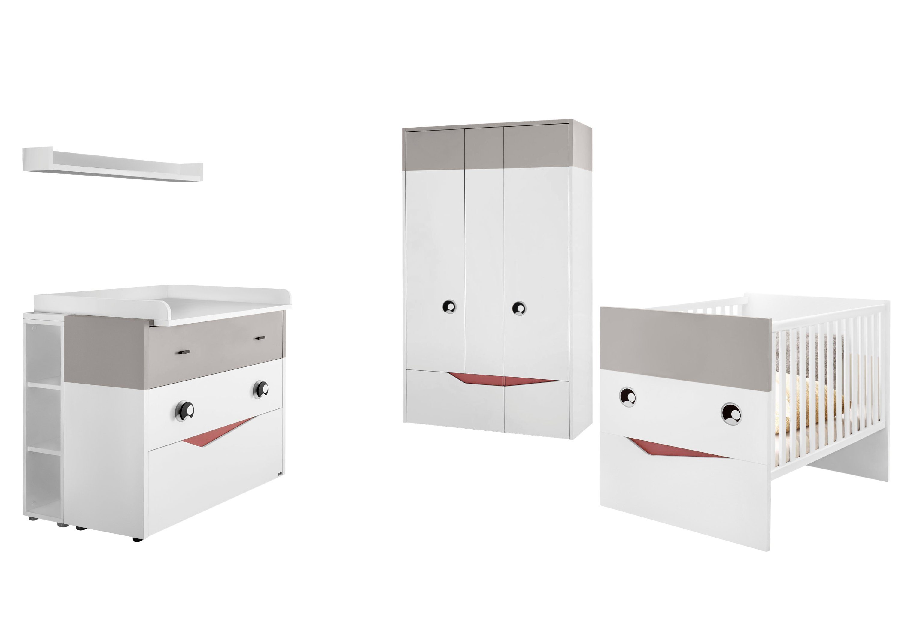 GALLERY M branded by Musterring Babyzimmer-Komplettset, (Set, 5-St), breiter Kleiderschrank, inkl. 1 Unterstellregal für die Wickelkommode