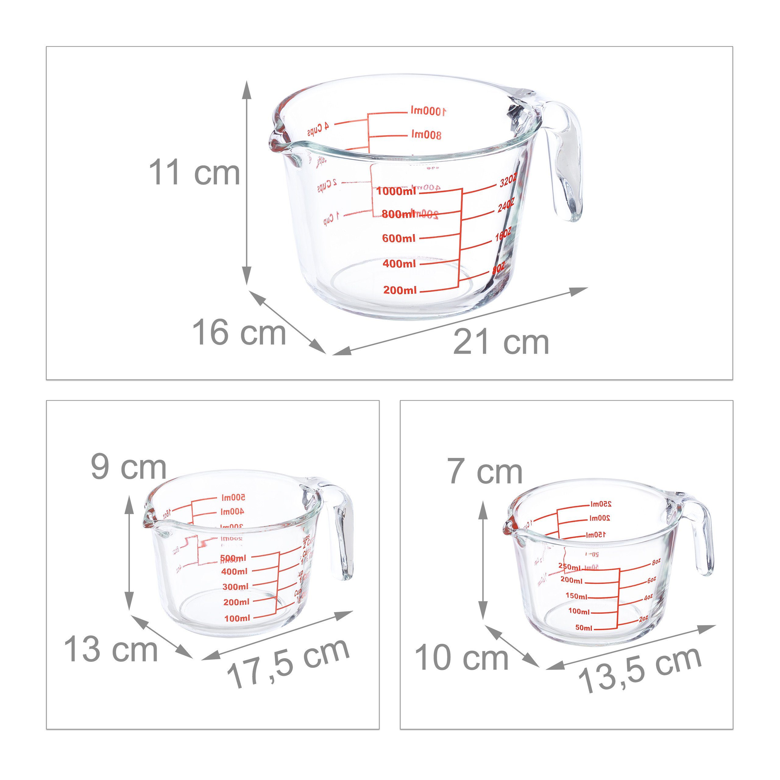 relaxdays Messbecher 3-teiliges Messbecher Set aus Glas, Glas