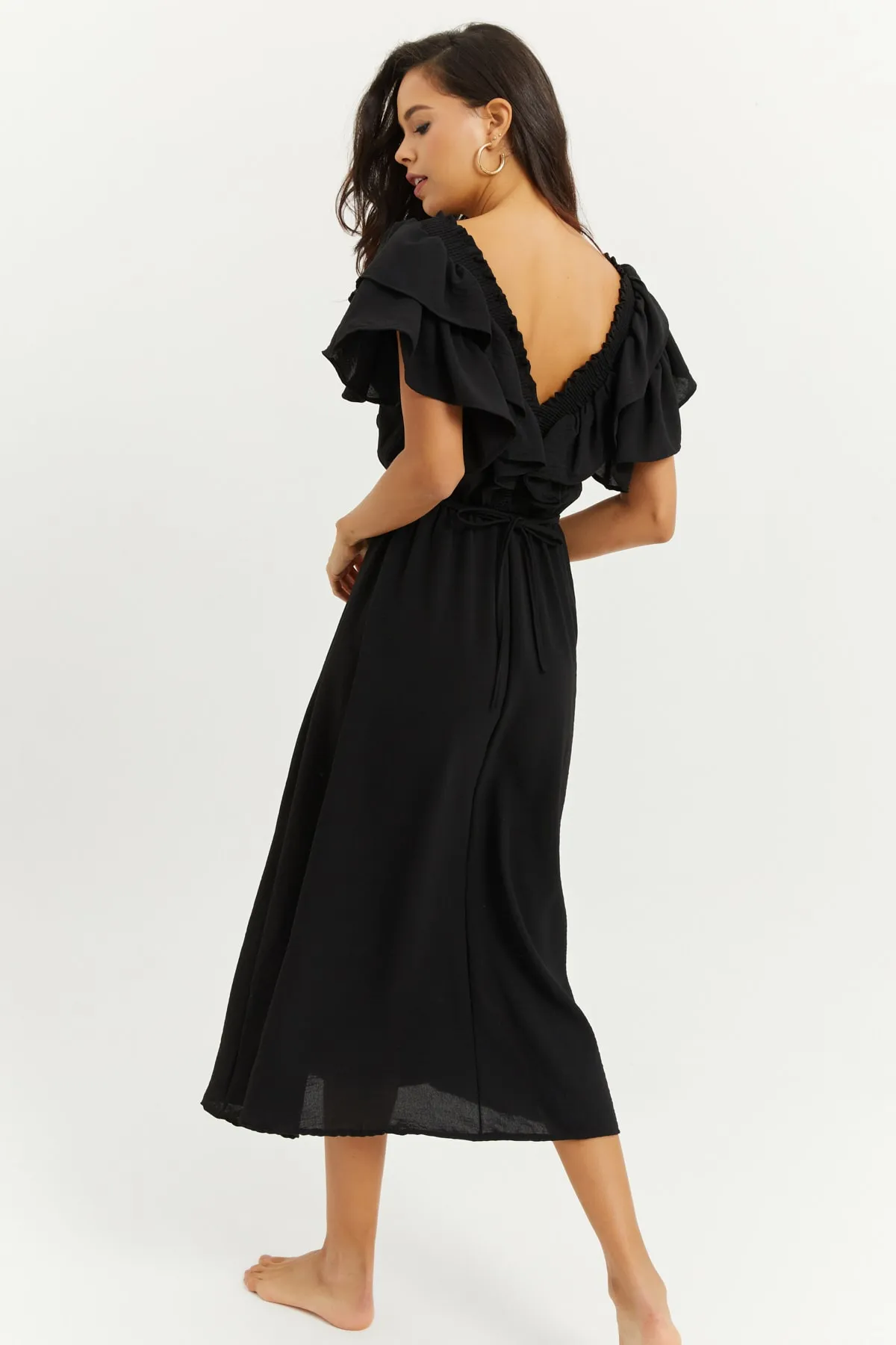 Cool & Sexy  Schwarzes Damen-Volantkleid mit V-Ausschnitt vorne und hinten KS113