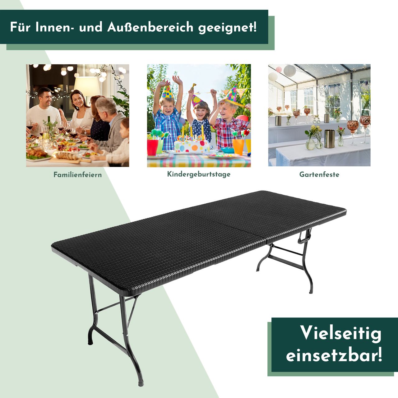 Lemodo Gartentisch in Rattan Optik, Klapptisch 180 x 75 cm, Buffettisch bis 150 kg belastbar