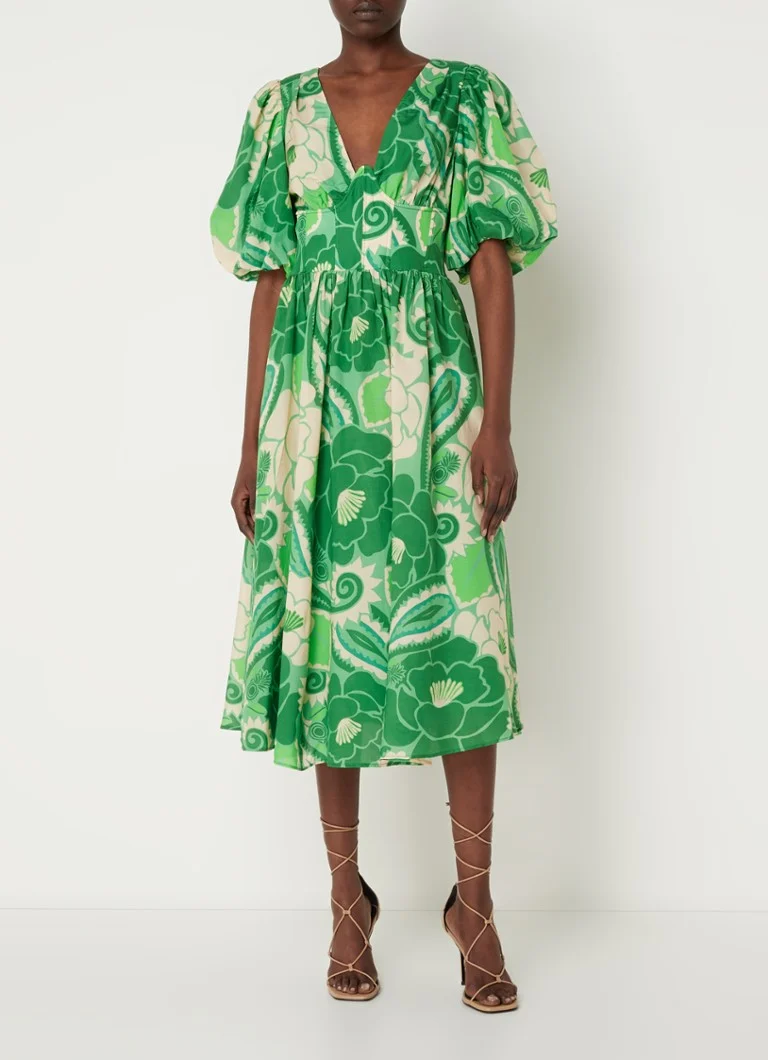 Vestido midi estampado floral de Farm Rio con mangas abullonadas