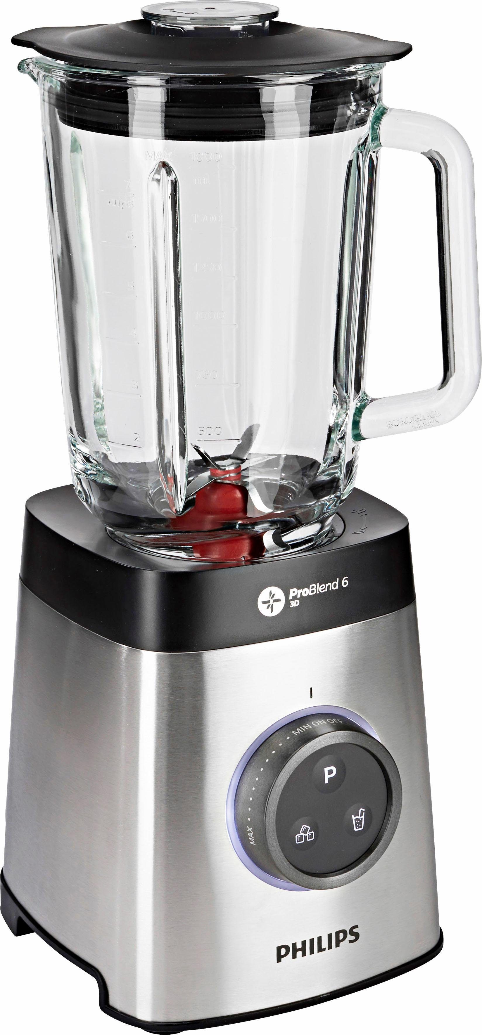 Philips Standmixer HR3655/00, 1400 W, ProBlend 6 3D Technologie, 2 Liter Glasbehälter, 2x Trinkflaschen