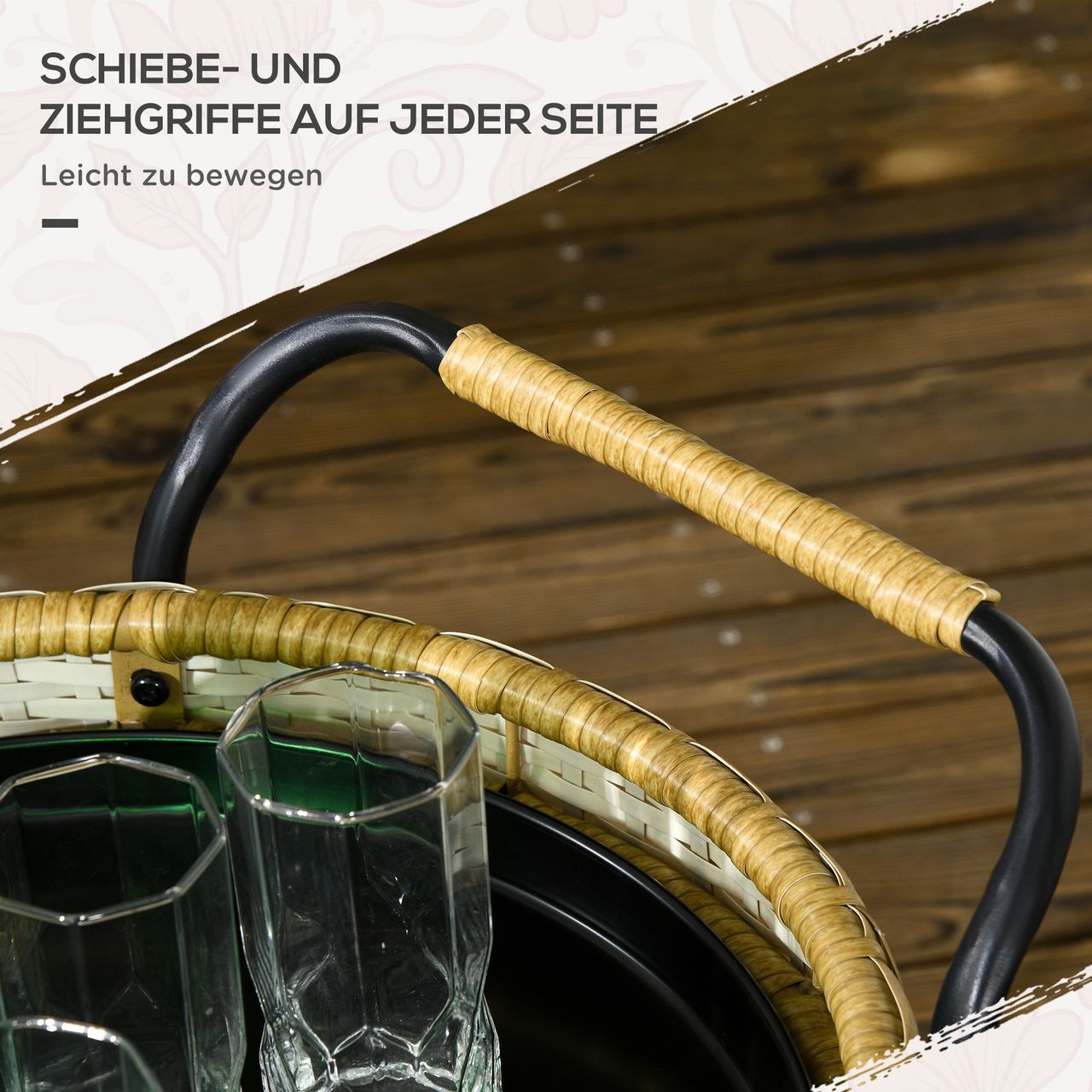 Outsunny Servierwagen Rattan Gartenrollwagen Trolley mit 2 Regalen Natur