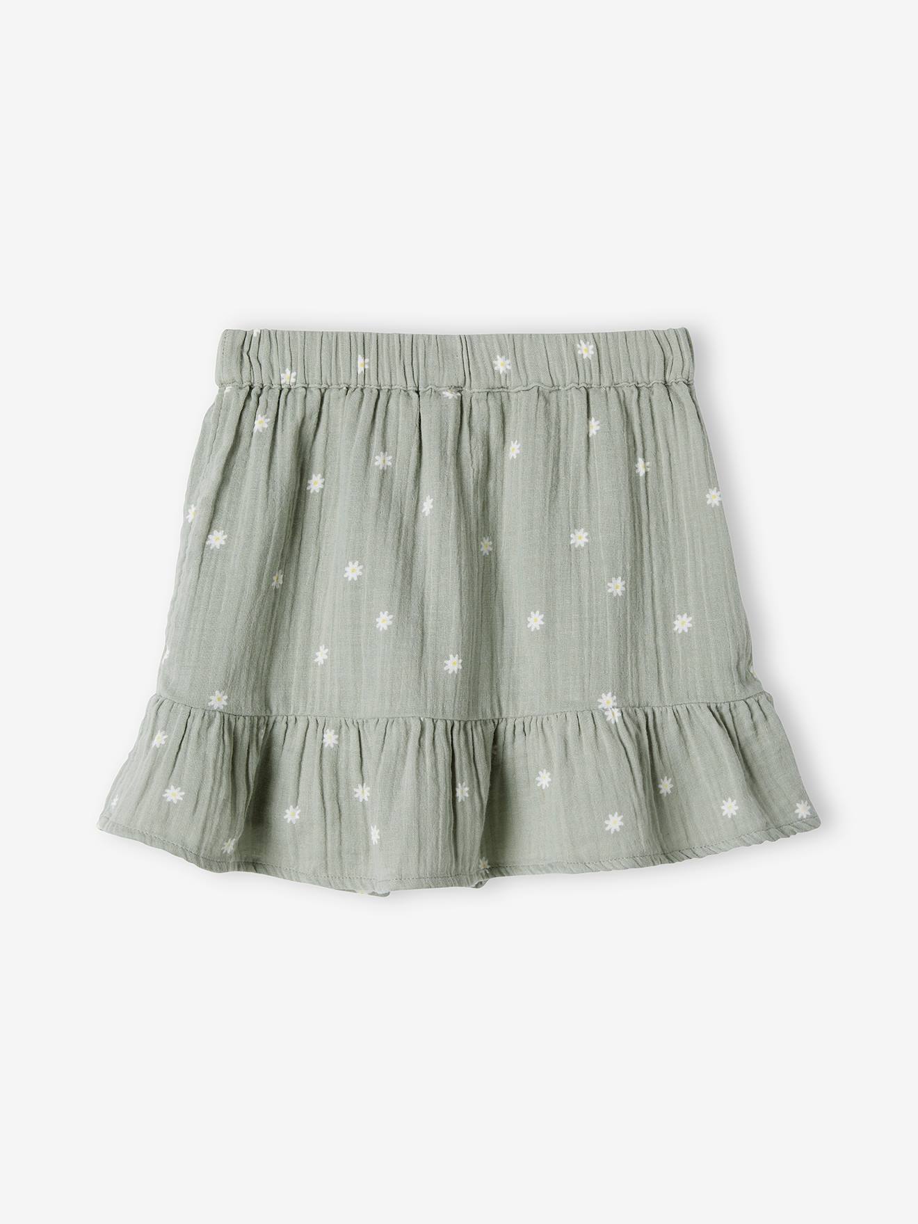 Jupe imprimée en gaze de coton fille vert imprimé