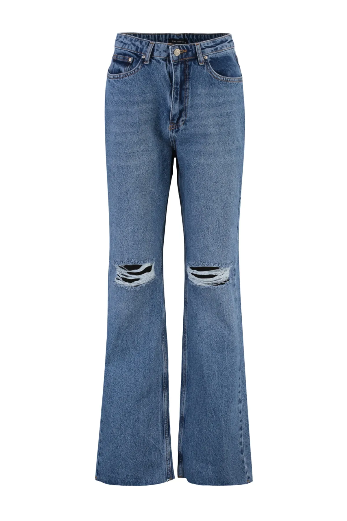 Trendyol Collection  Dunkelblaue Jeans mit weitem Bein und hoher Taille im 90er-Stil mit Rissen