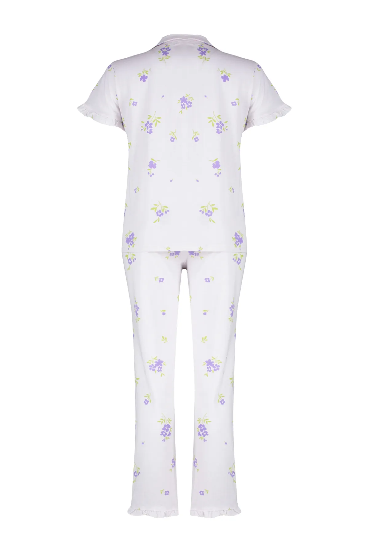 Trendyol Collection  Ecru-Multicolor-Strickpyjama-Set aus 100 % Baumwolle mit Blumenrüschen und detaillierten Details THMSS24PT00228