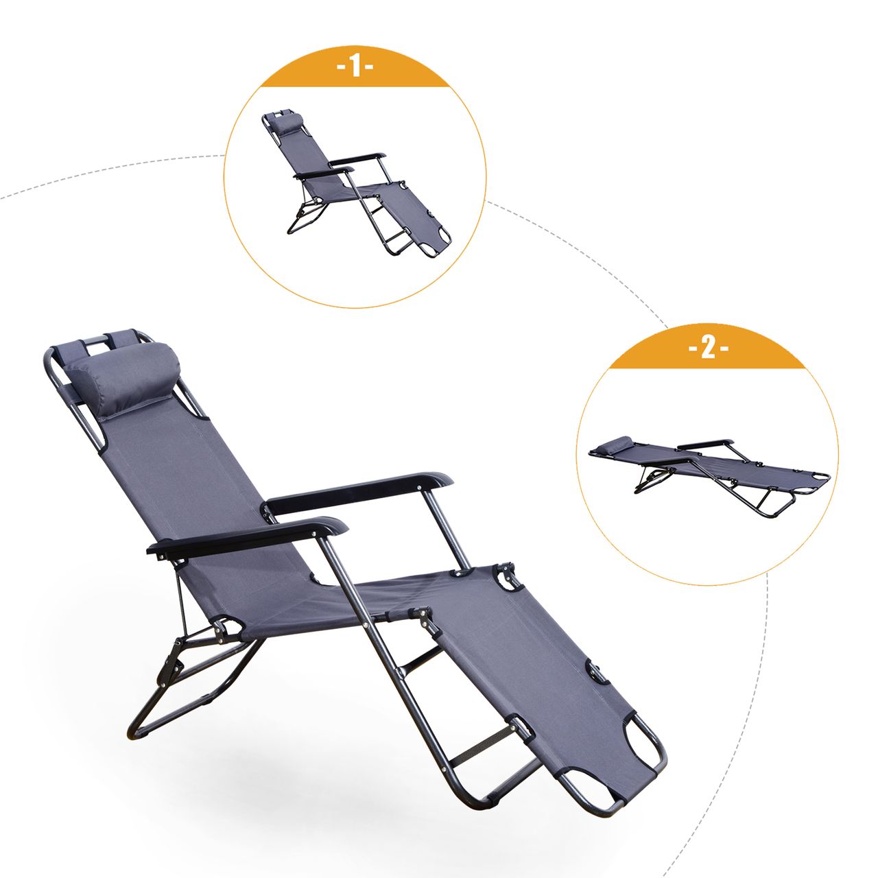 Outsunny Sonnenliege mit Kissen, Klappbare Strandliege, 2-Stufige Gartenliege , 2-in-1 Relaxliege, Metall   Oxfordstoff, Grau 135 x 60 x 89 cm