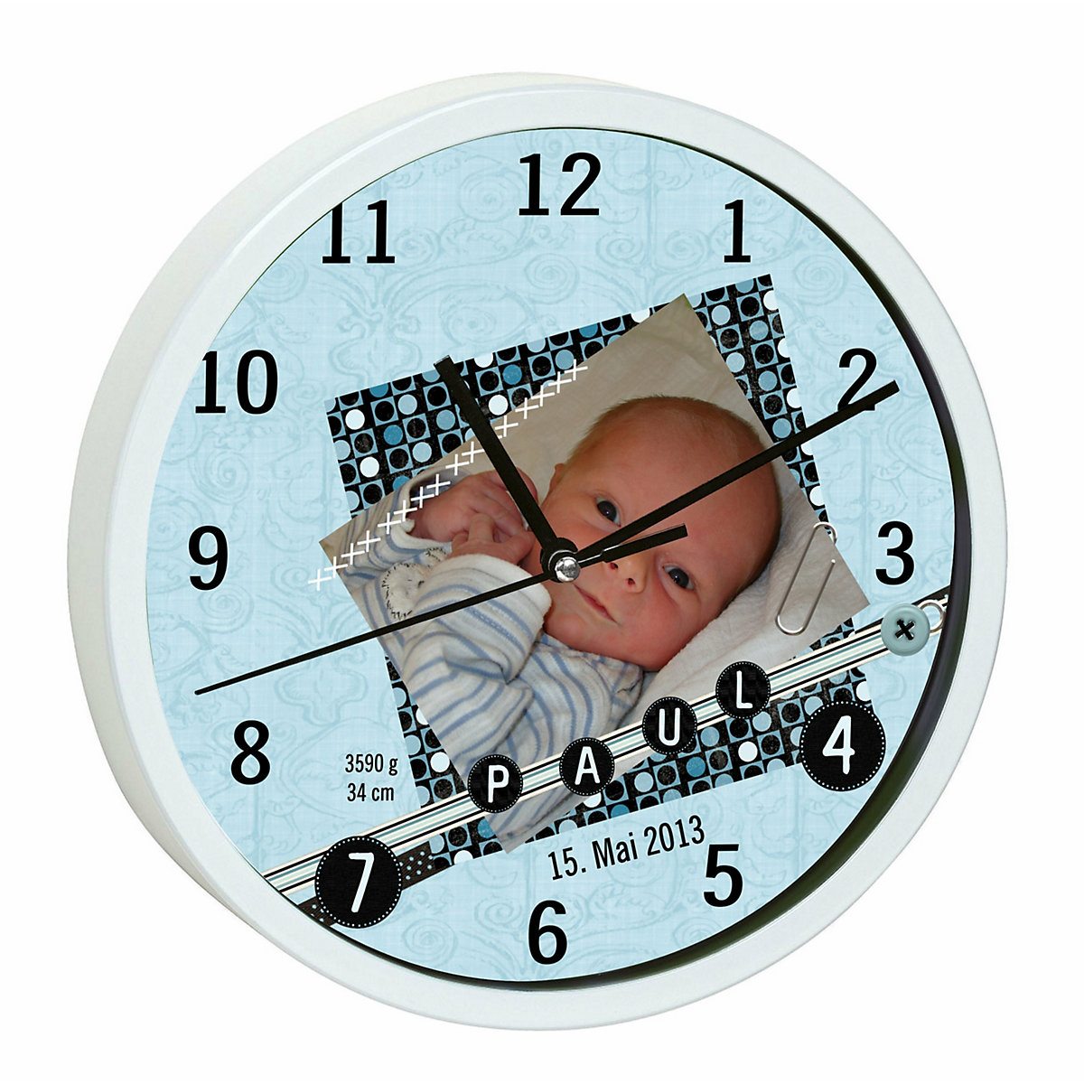 Kinder Wanduhr personalisiert mit Name Scrapbooking blau