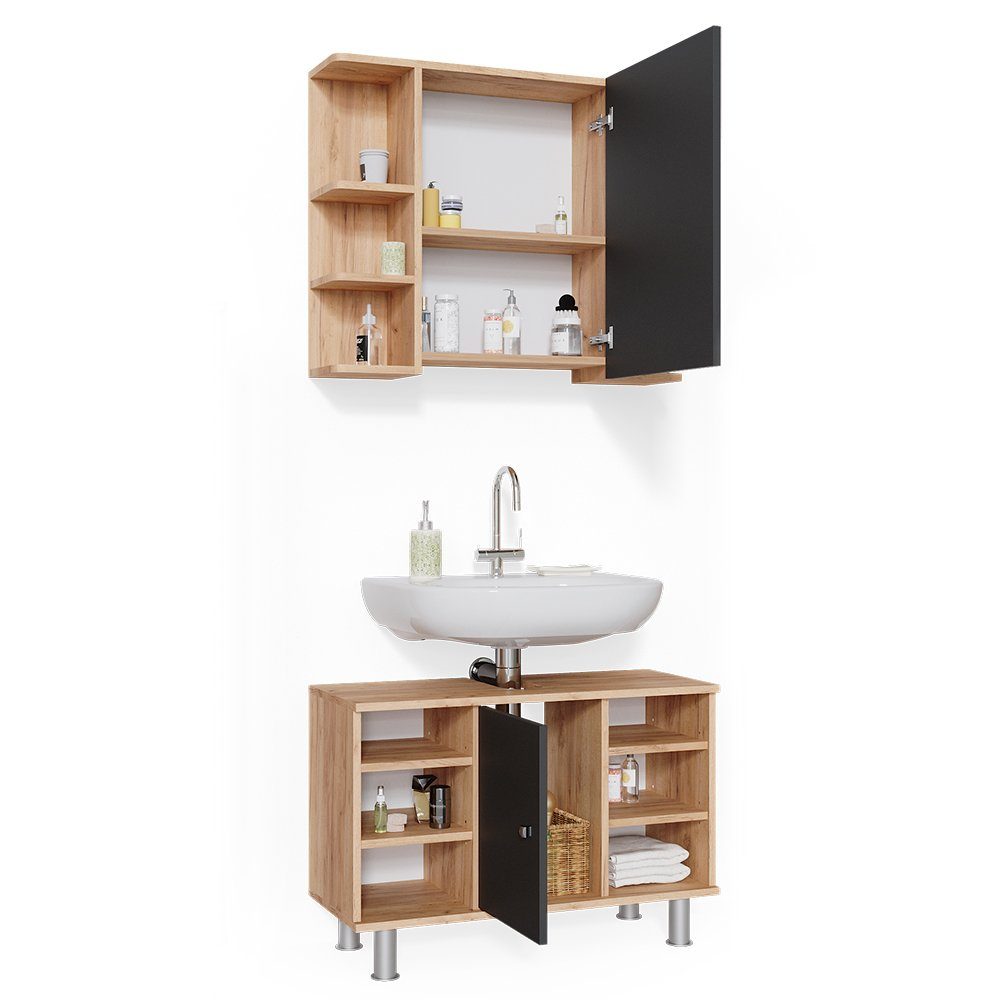 Vicco Badmöbel-Set Badezimmerset FYNN Eiche / Anthrazit Set 5, (2-er Set, 2-St., 2-er Set)