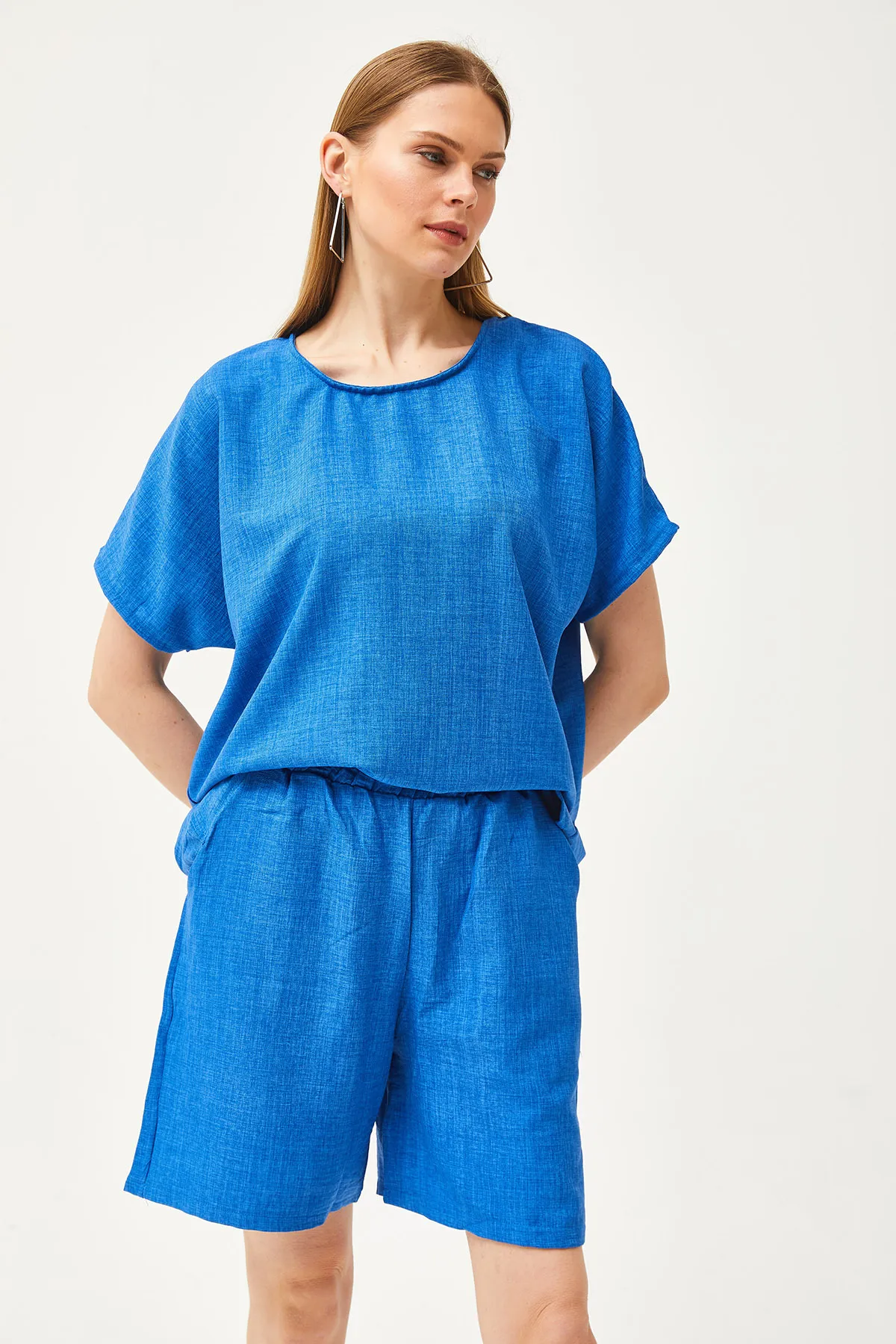 Olalook  Damen Saks Blaues Top Lockere Bluse Shorts mit Untertasche Leineninhalt Set TKM-19000268