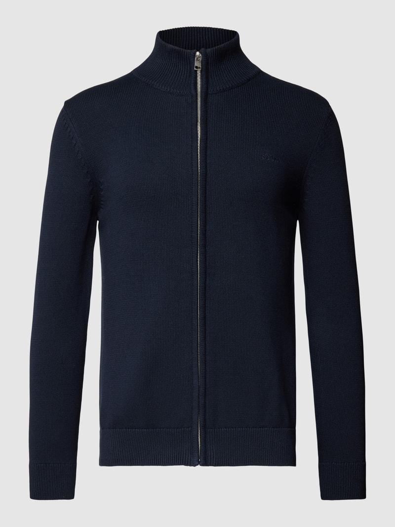 Strickjacke mit Label-Stitching Modell 'STAND JACKET' in marineblau