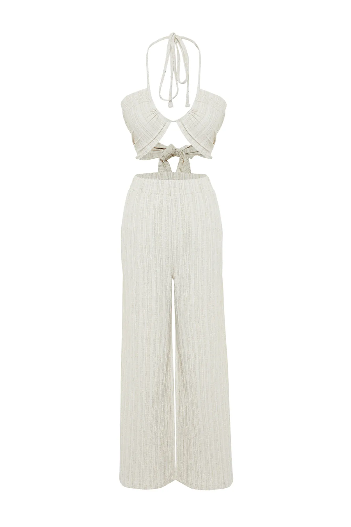 Trendyol Collection  Blusen- und Hosenset aus gewebtem Leinengemisch in Ecru TBESS24AU00030