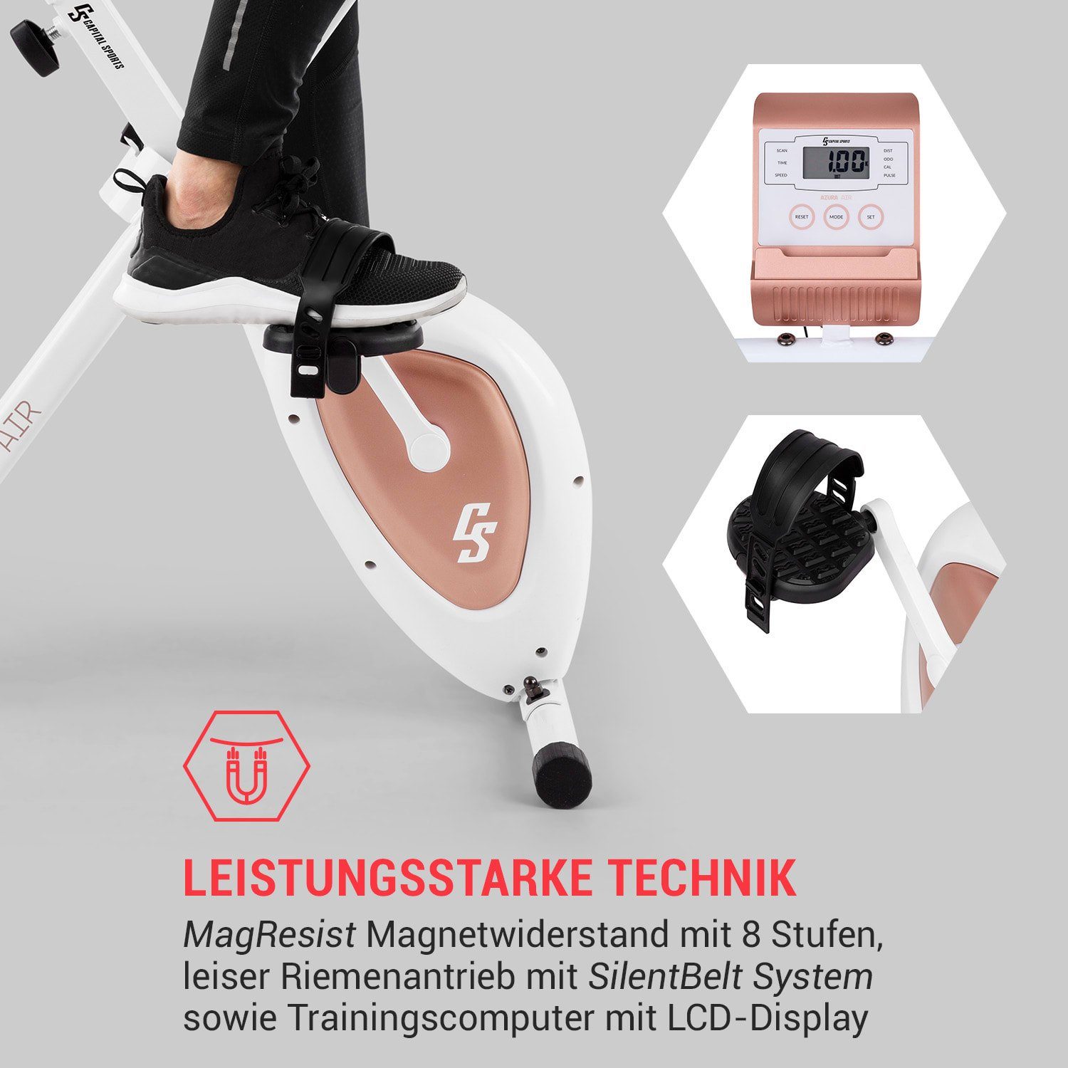 Capital Sports Fahrradtrainer Azura Air Heimtrainer X-Bike SilentBelt Magnetwiderstand faltbar (Tablet-Halterung;Pulsmesser im Haltegriff;Trainingscomputer mit LC-Display), Standfahrrad Heimtrainer Hometrainer Fahrrad klappbar Cardio Trainingsgerät A