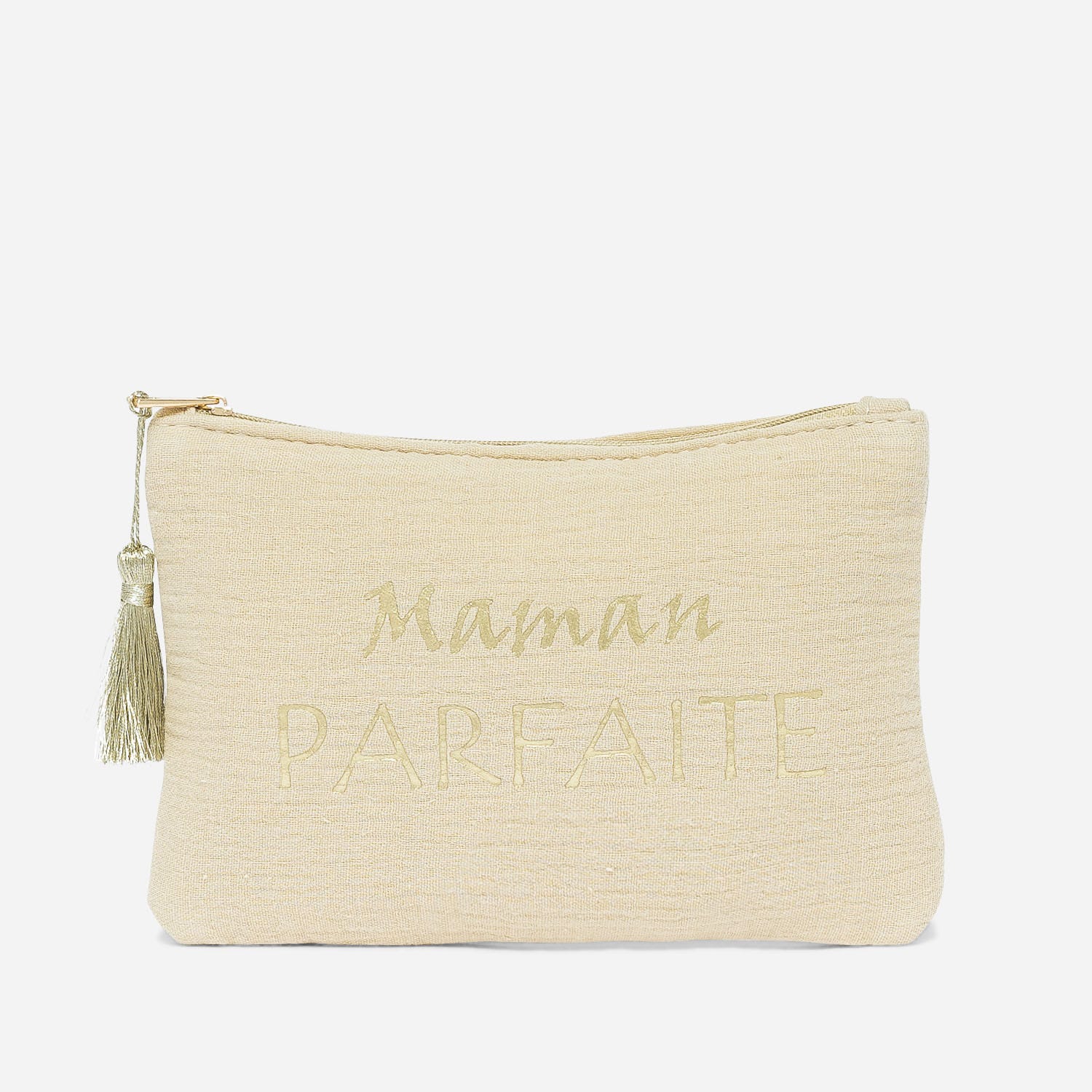 Pochette beige avec message doré
