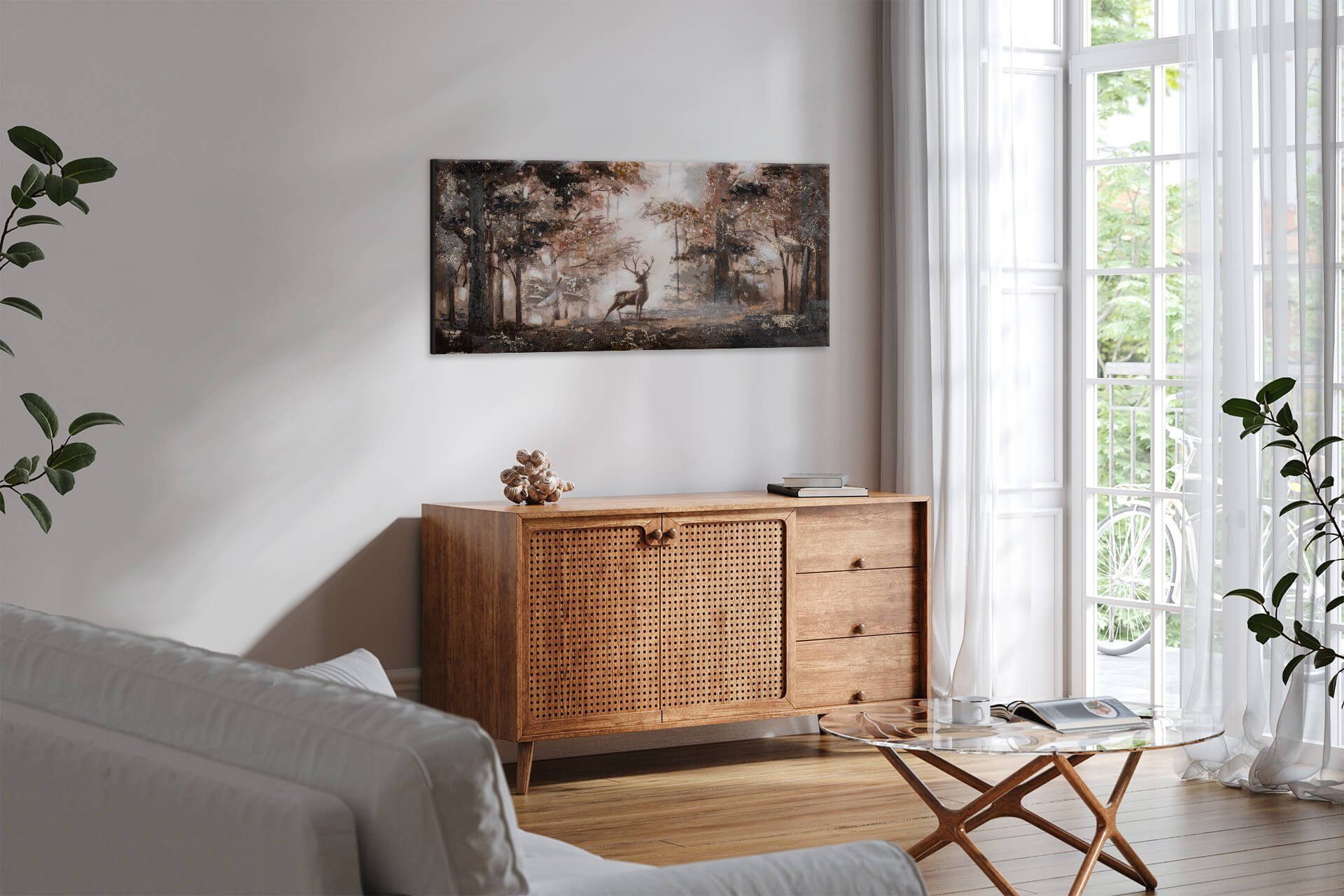 KUNSTLOFT Gemälde Stag in the Brume 120x60 cm, Leinwandbild 100% HANDGEMALT Wandbild Wohnzimmer