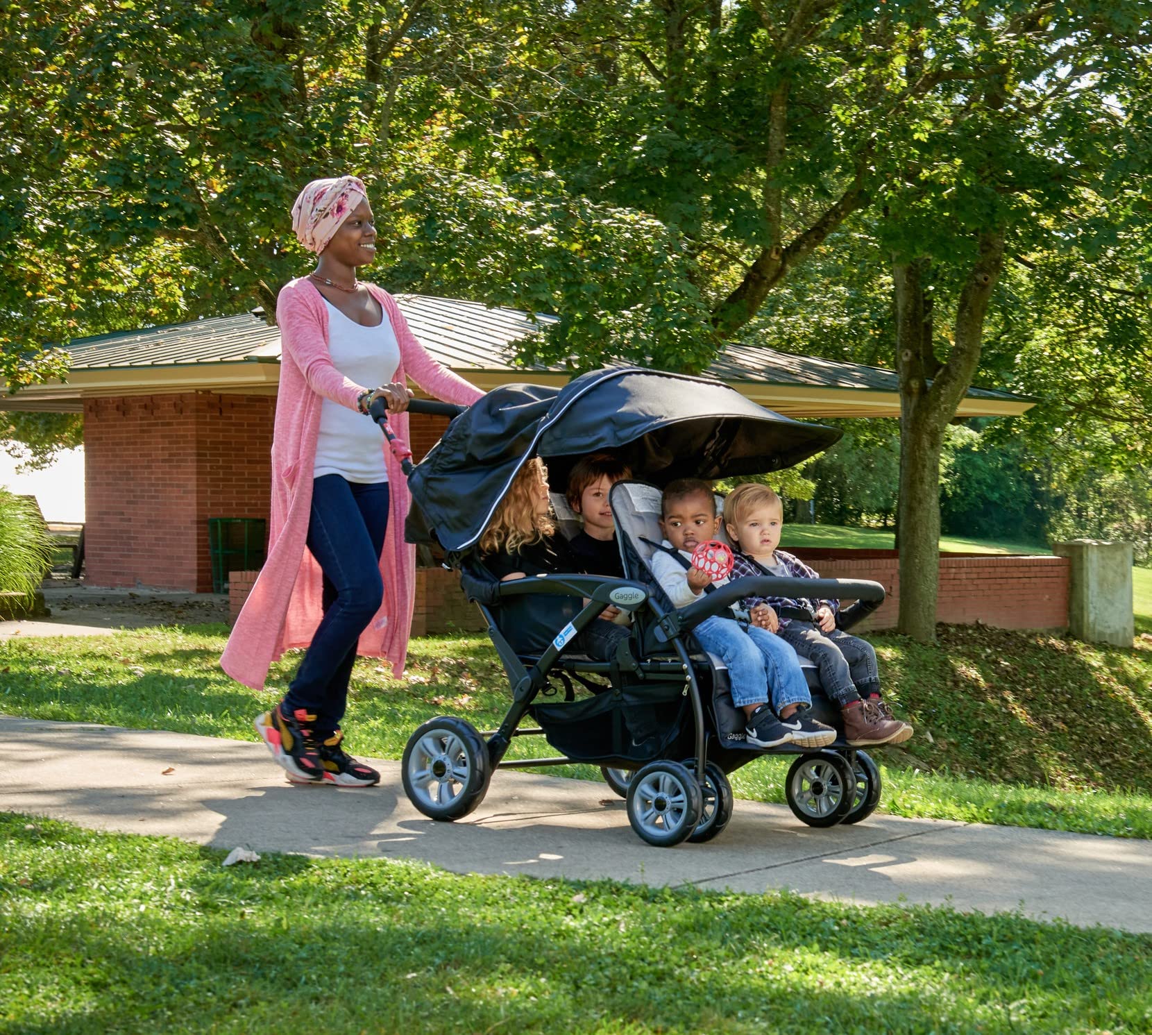 Gaggle by Foundations Compass 4 Seat Quad Stroller with UV Protecting Stroller Canopy, 5 Point Harness for Added Safety, Foot Brake, All Terrain Tubeless Wheels (Teal)