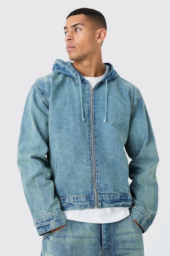 Kastiger Denim-Hoodie mit Reißverschluss