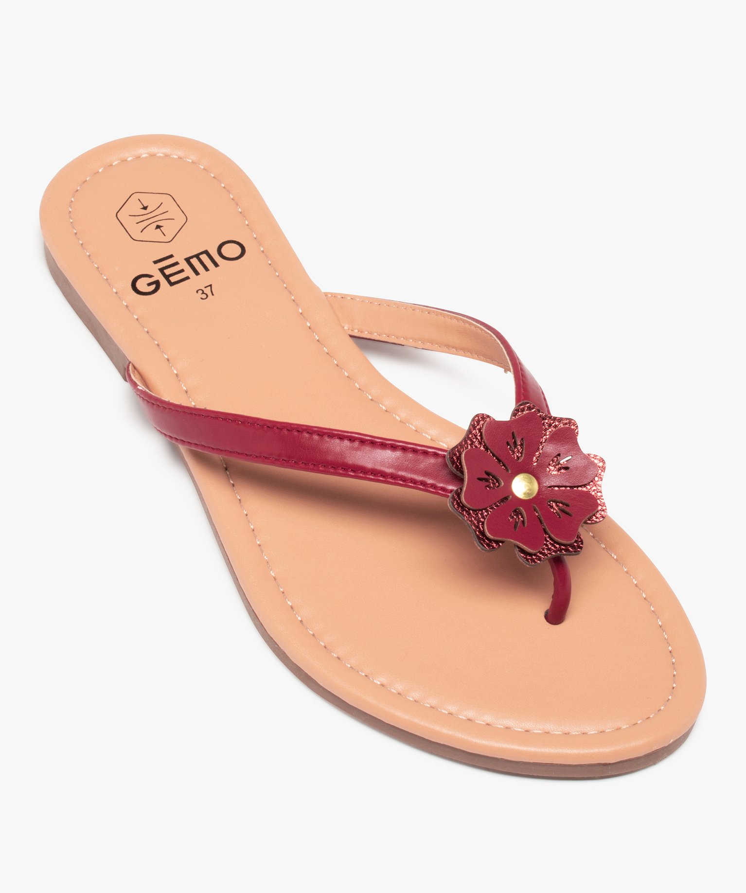Tongs femme à petit talon plat et fleur sur l’entre-doigts rouge | GEMO