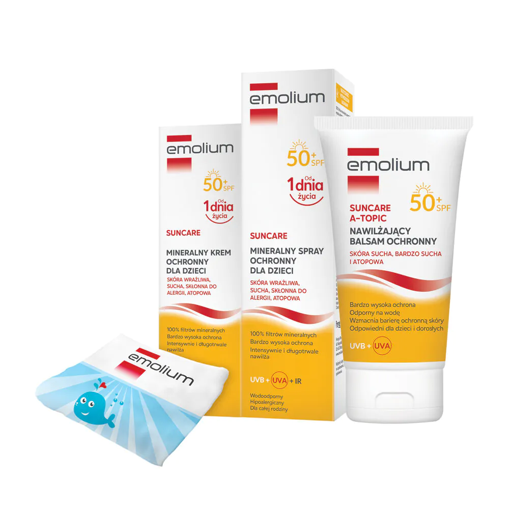 „Emolium“ apsaugos nuo saulės rinkinys su SPF50 kremu + purškikliu + „A-Topic“ balzamu + rankšluosčiu