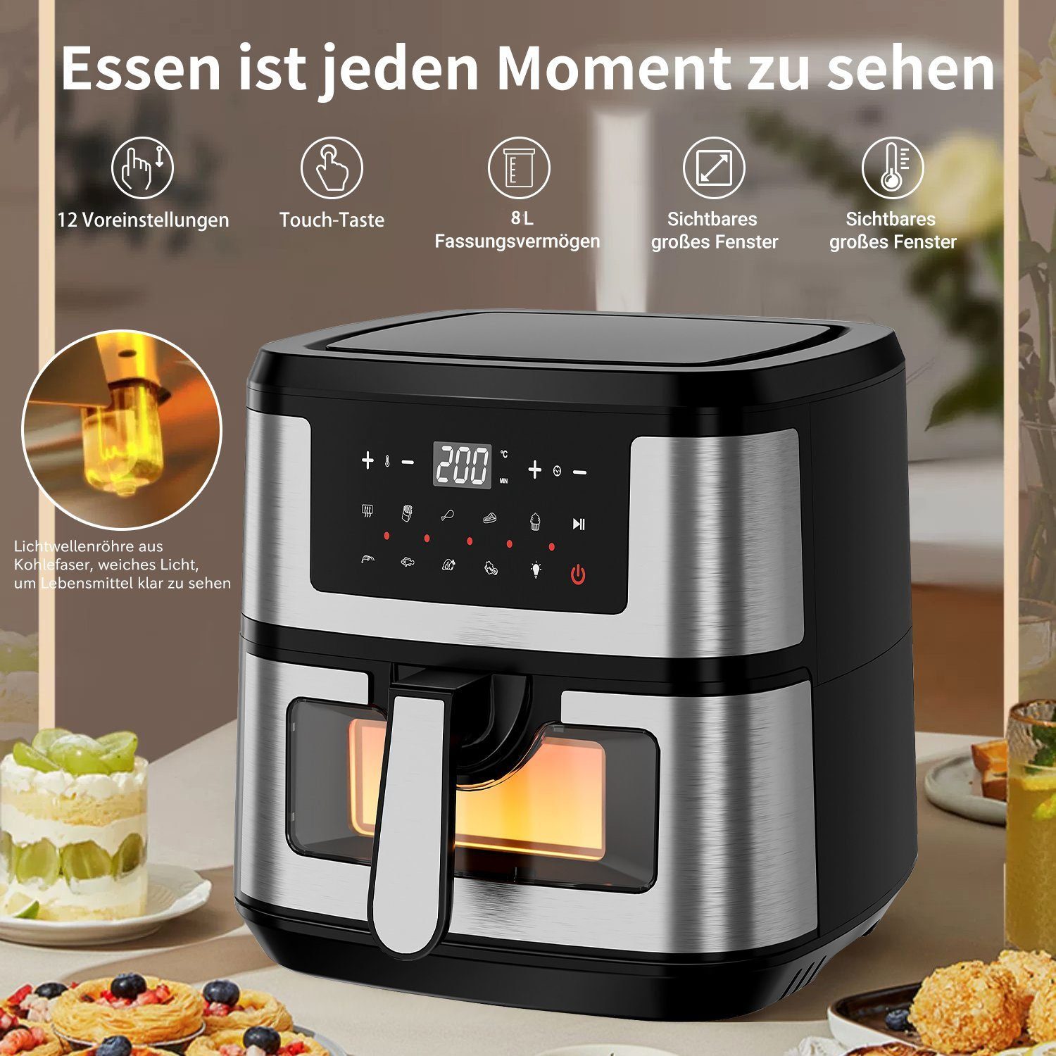 Yaviel Heißluftfritteuse 8L/9.7L Heizluft Fritteuse XXL Air Fryer Ohne Öl LED Touchscreen, 1600,00 W, Airfryer Einstellbare Zeit/Temperaturregelung 12 Programmen für Braten