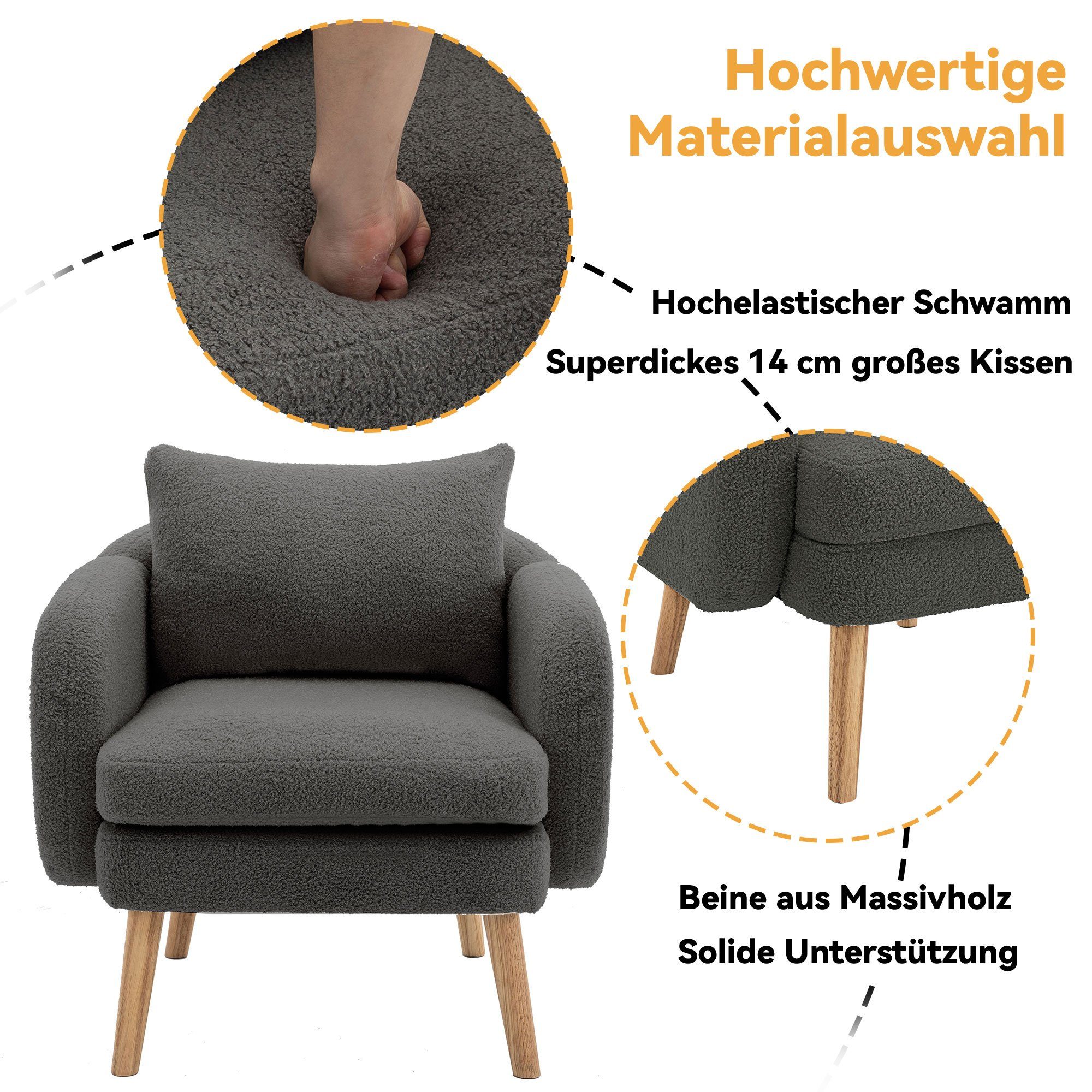 OKWISH Sessel Polstersessel Armlehnensessel Freizeitsessel Einzelsessel Loungesessel (mit Kissen, Sessel mit extra dickem Kissen, Beine aus Massivholz), Moderner, schlichter Teddy-Samtstuhl