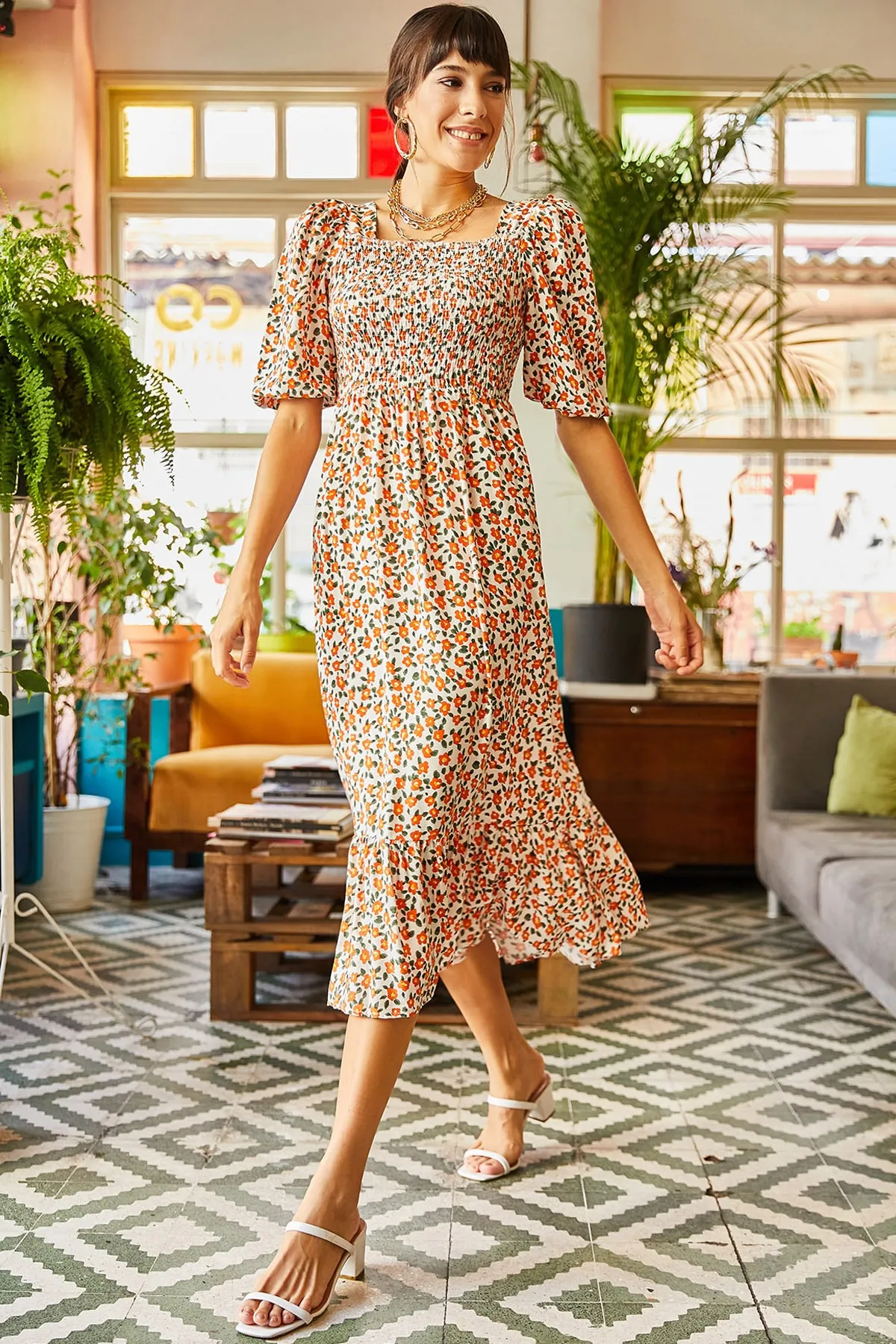 Olalook  Ecru Orange Gimped Lässiges Kleid aus gewebter Viskose für Damen ELB-19001483