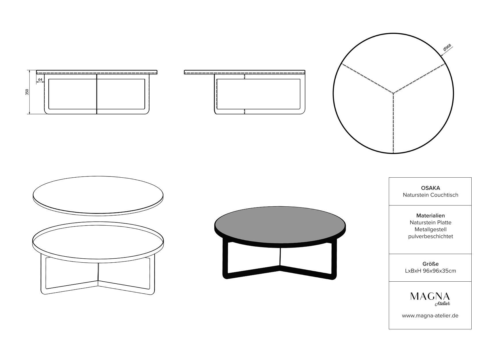 MAGNA Atelier Couchtisch OSAKA mit ECHTEM MARMOR, Wohnzimmer Tisch rund, Beistelltisch, schwarz Metallgestell, Ø70x42cm