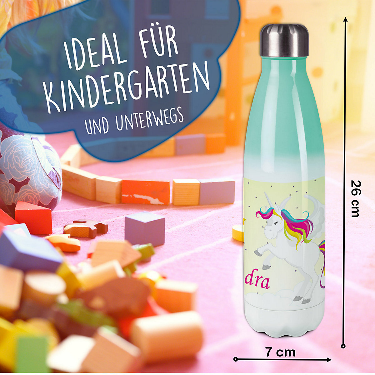 Edelstahl Kinder Thermoflasche / Trinkflasche bunt Pegasus Farbe gelb Spülmaschinenfest, Auslaufsicher, Bruchfest, Doppelwandig, Für Heißgetränke geeignet, Mit Deckel, Isoliert