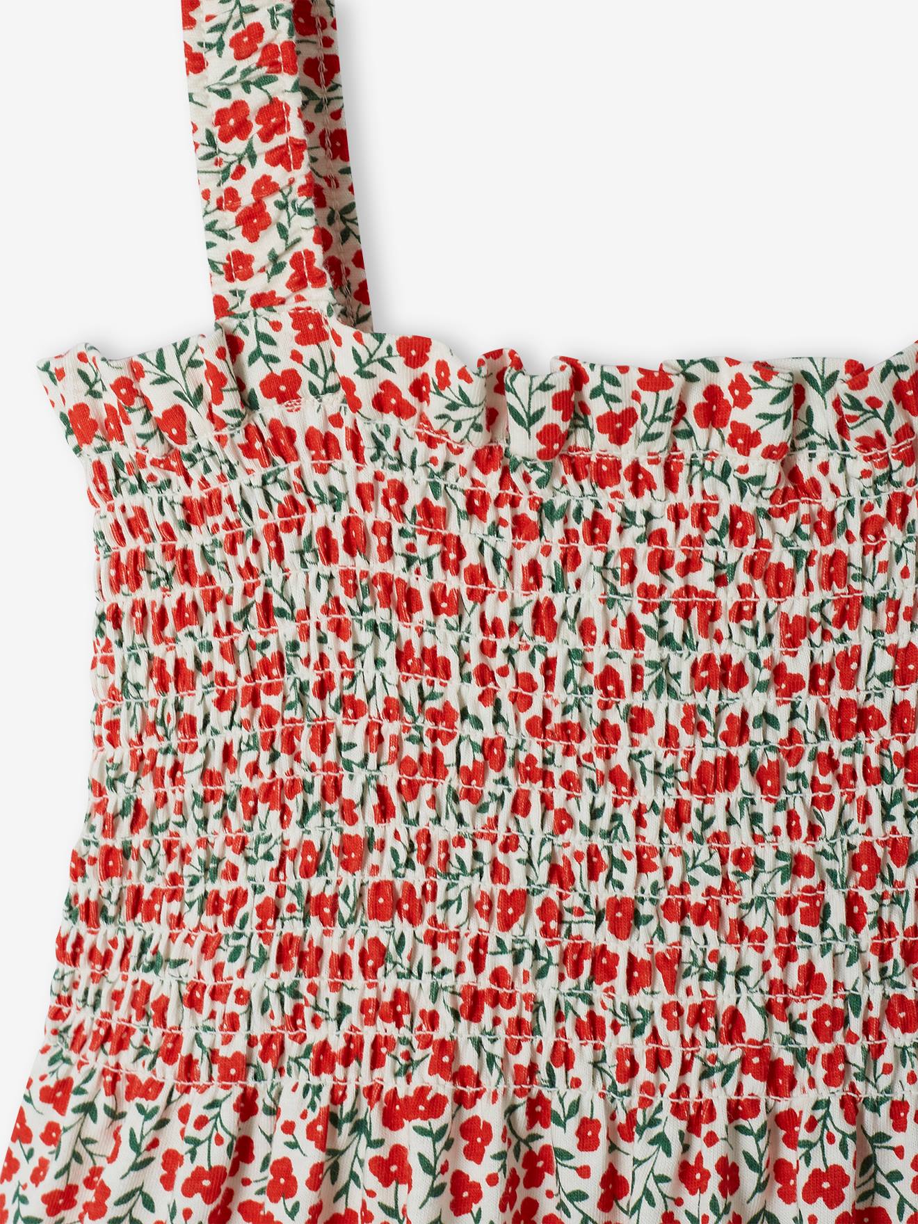 Robe smockée à bretelles motifs fleurs fille vert émeraude