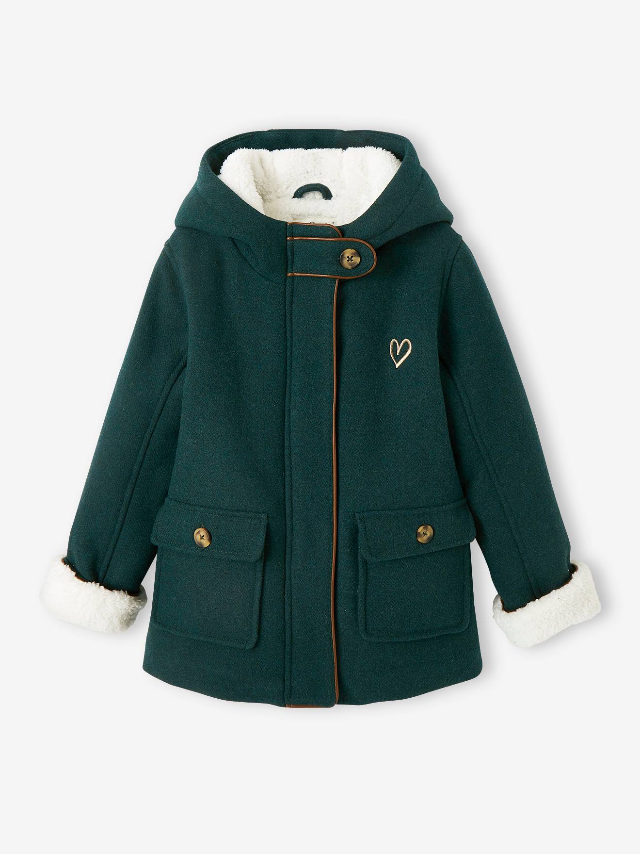 Manteau à capuche en drap de laine fille doublé sherpa chamois