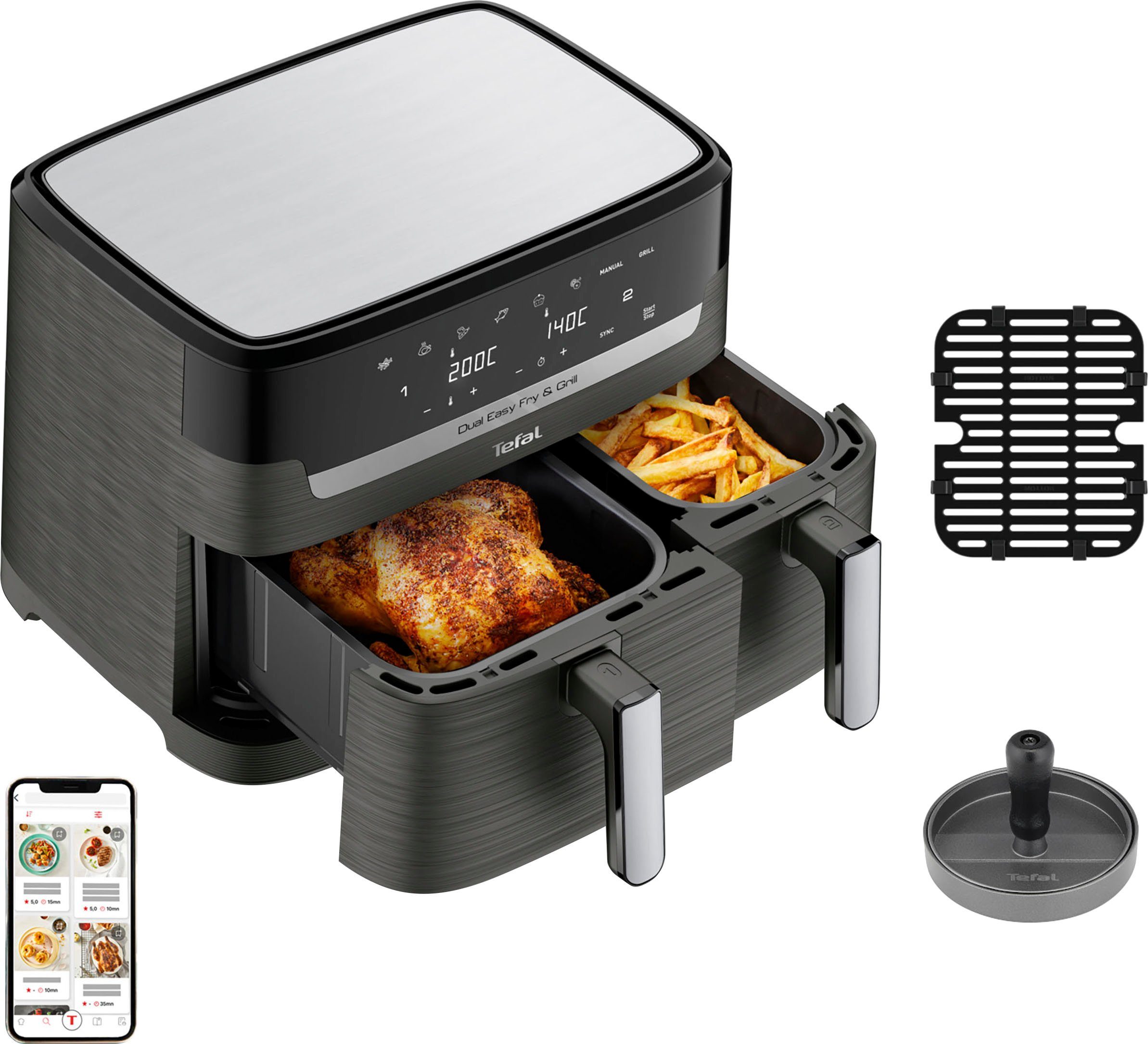 Tefal Heißluftfritteuse EY905B Dual Easy Fry & Grill Doppelkammer, 8,3 L Kapazität, 2 Laden, 2700 W, mit Hamburger Presse
