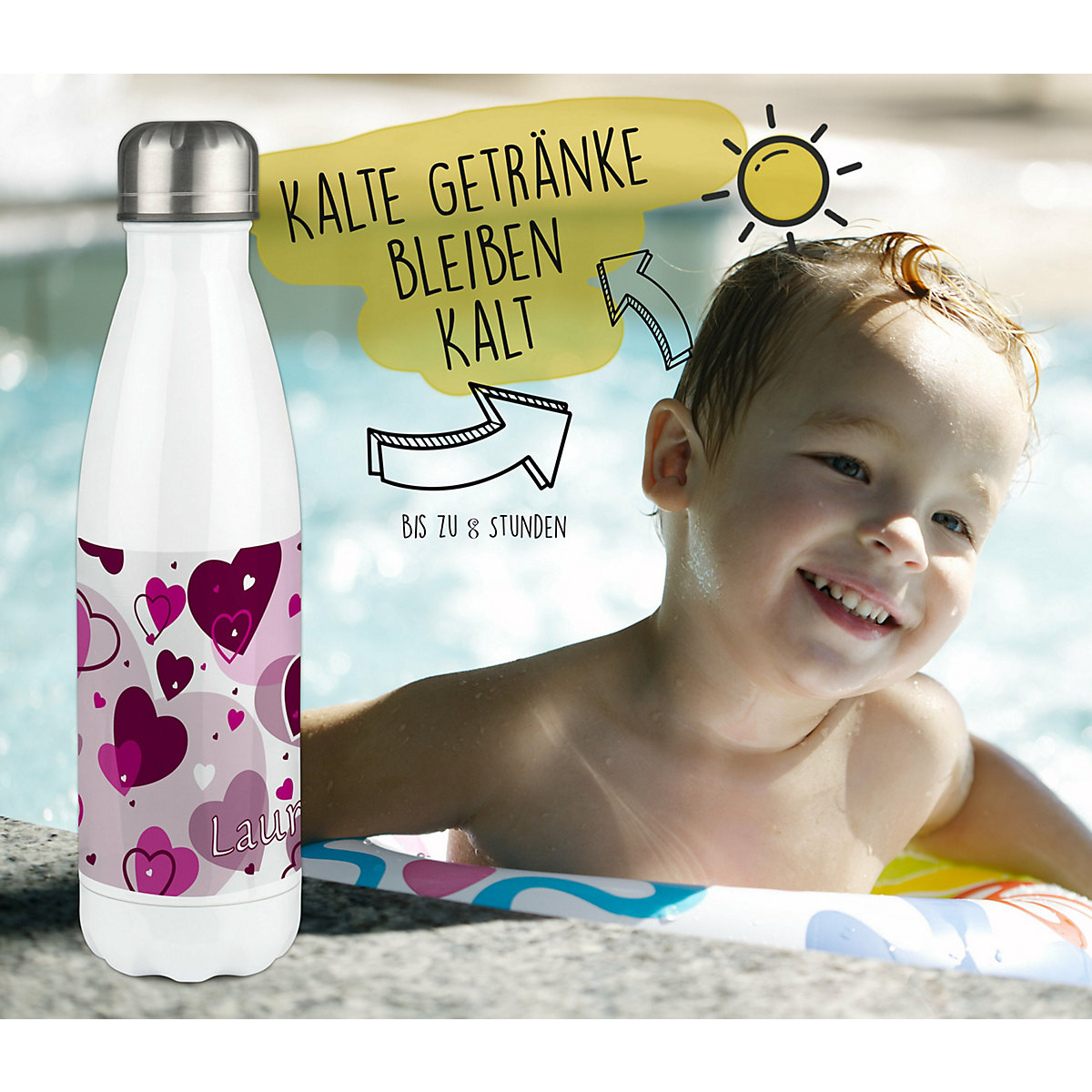 Edelstahl Kinder Thermoflasche / Trinkflasche bunt Herz Farbe brombeere Spülmaschinenfest, Auslaufsicher, Bruchfest, Doppelwandig, Für Heißgetränke geeignet, Mit Deckel, Isoliert